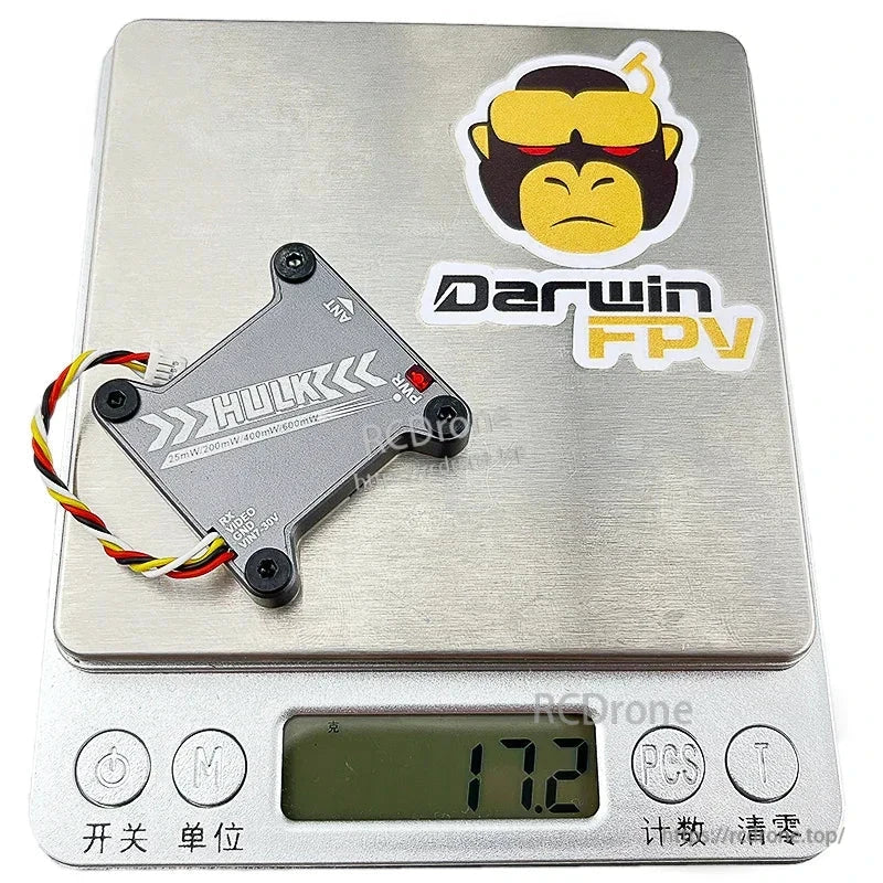 HULK VTX on digital scale showing 17.2 g weight, with DarwinFPV sticker on platform