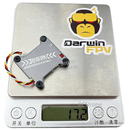 HULK VTX on digital scale showing 17.2 g weight, with DarwinFPV sticker on platform