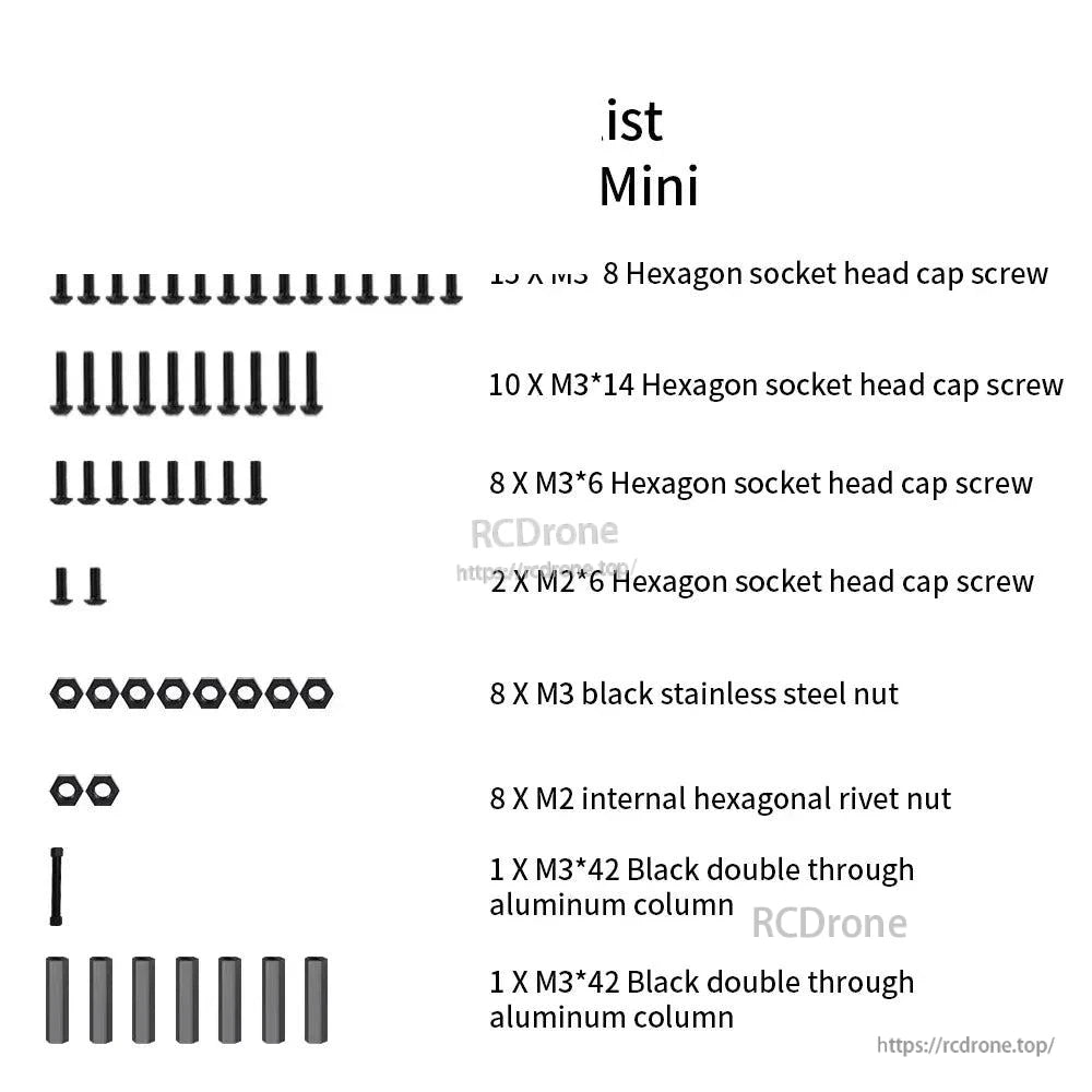 Hardware pack layout with labeled screw sizes, nuts, and aluminum columns for frame kit