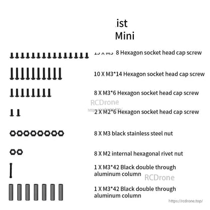 Hardware pack layout with labeled screw sizes, nuts, and aluminum columns for frame kit