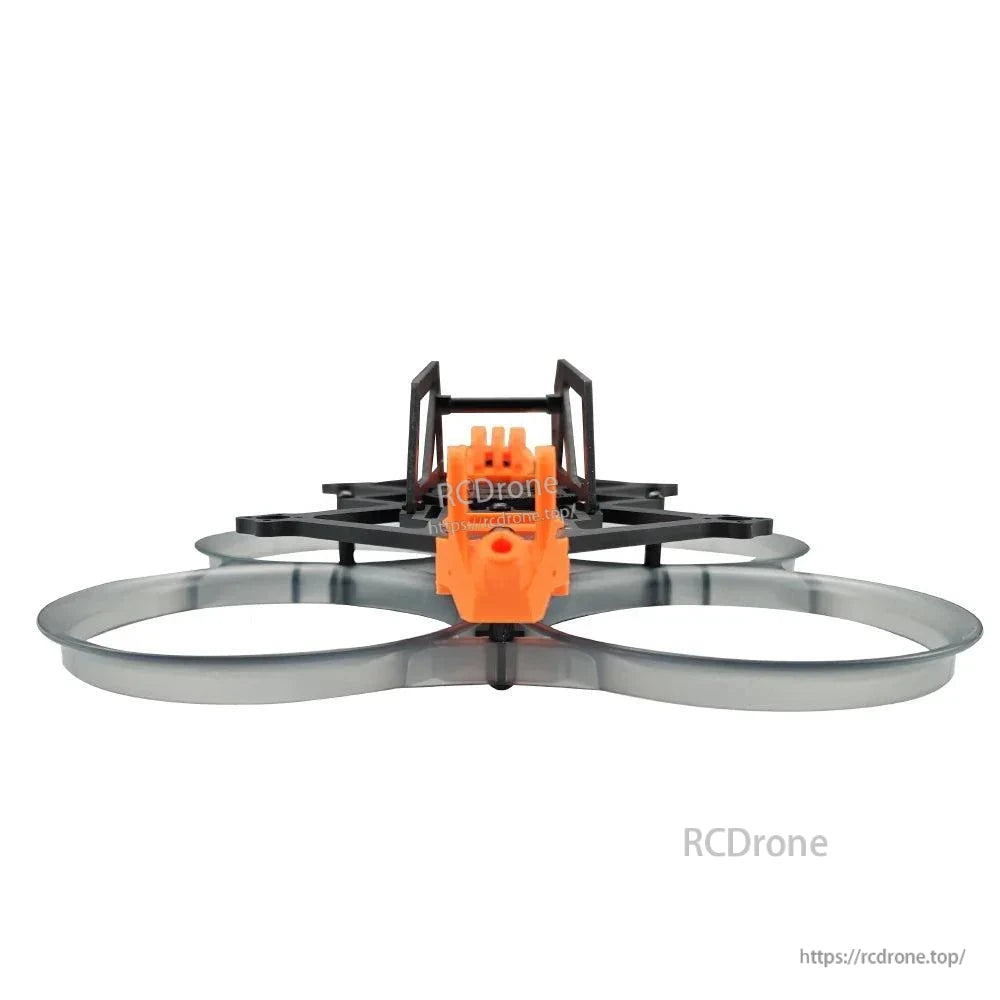 Rear view of ducted FPV frame with orange TPU tail mount and carbon brace posts