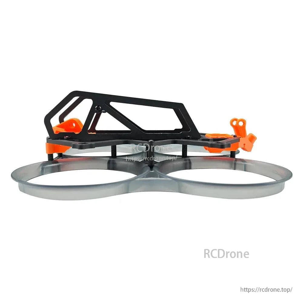 Side profile of ducted frame showing carbon fiber cage plates and orange TPU mounts