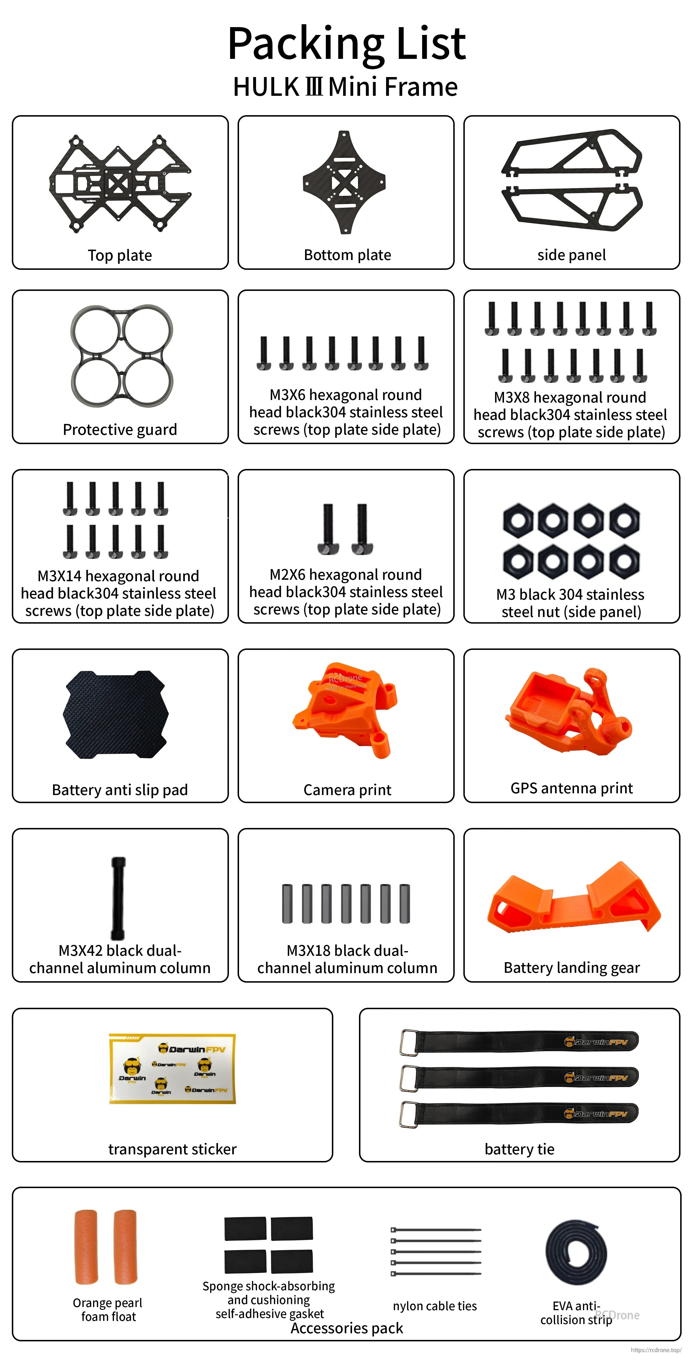 Packing list for DarwinFPV HULK III Mini Frame Kit including carbon plates, protective guard, TPU parts, screws, and straps