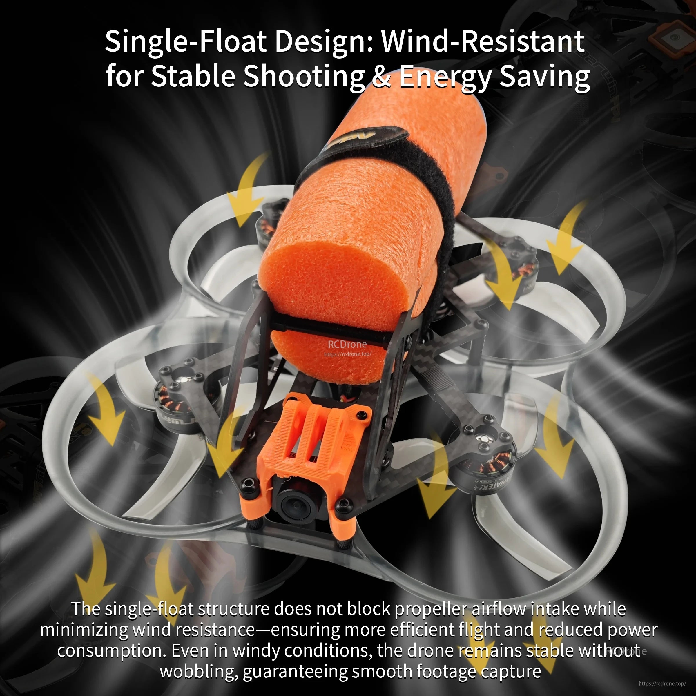 Single-float configuration on HULK III Mini FPV frame to keep prop airflow open and reduce wind resistance