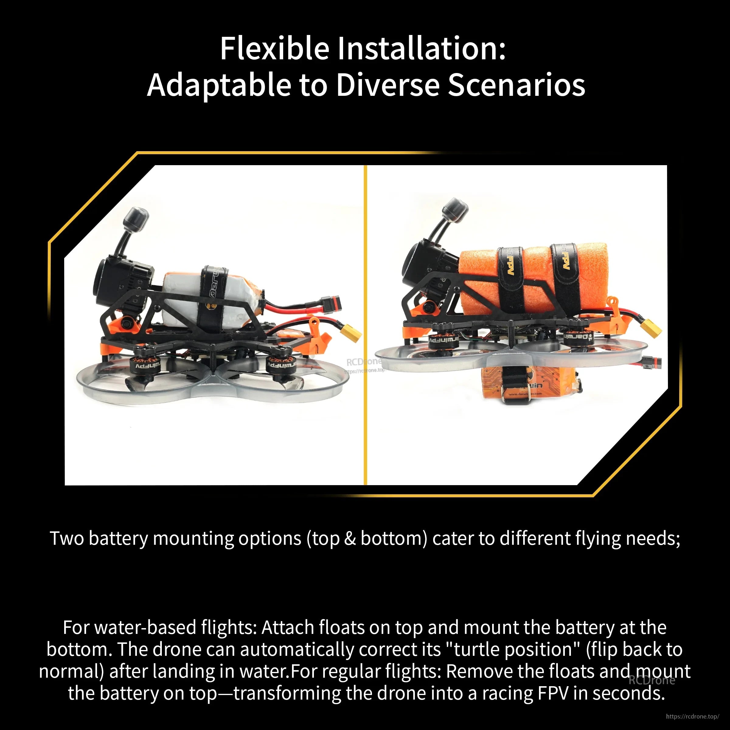 Top and bottom battery mounting options on DarwinFPV HULK III Mini frame with floats for water or standard setup