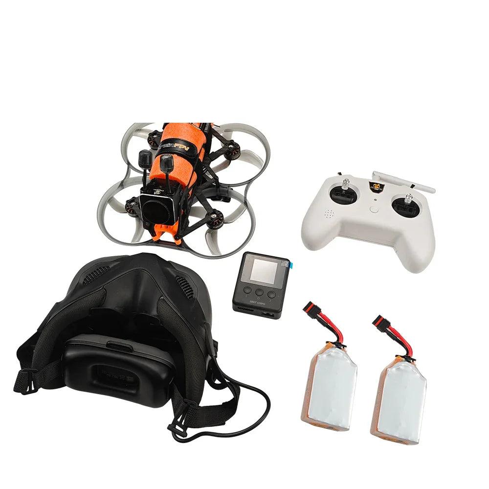 RTF FPV bundle with HULK III drone, white radio transmitter, black FPV goggles, USB charger and 2 batteries