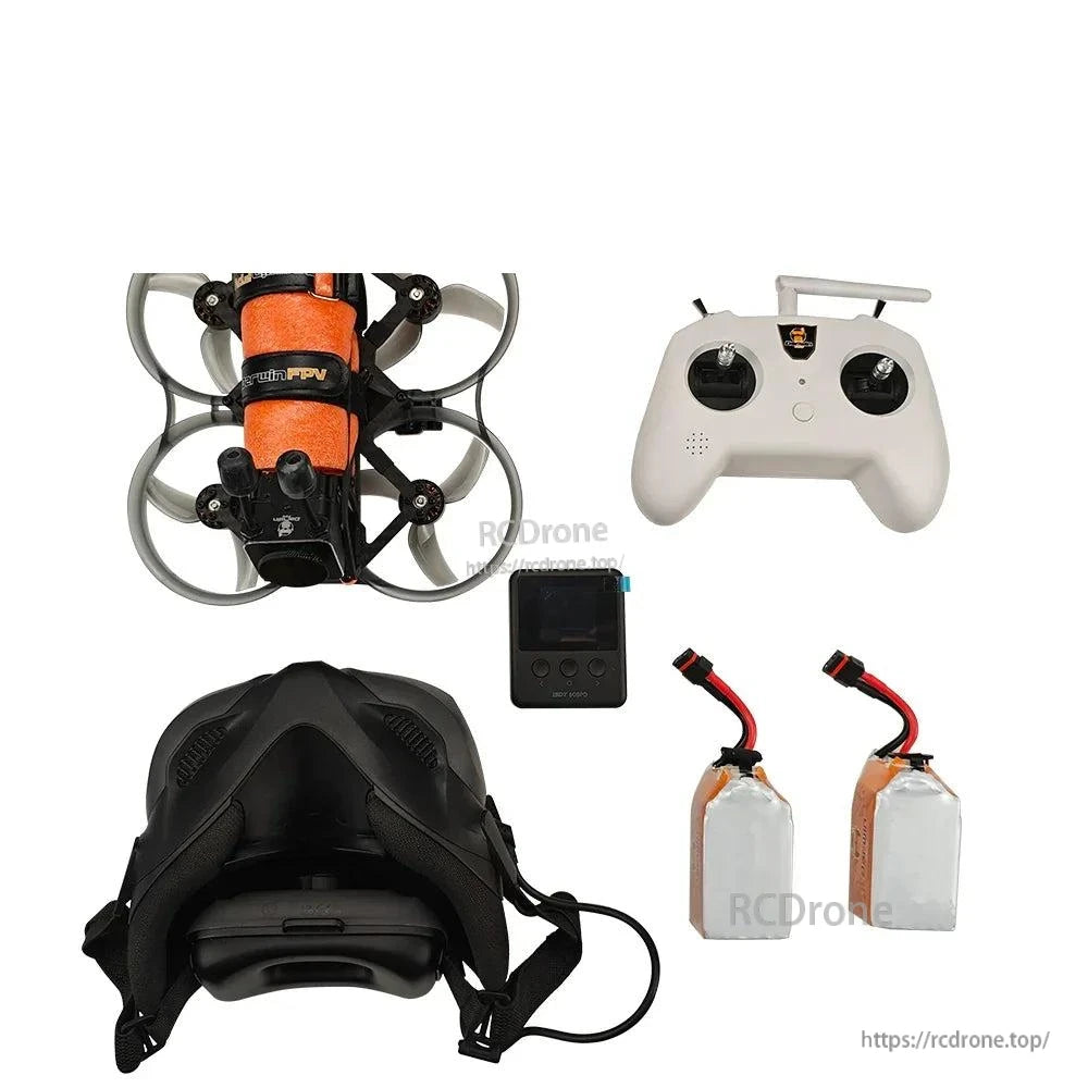 Top view of ducted mini FPV drone with orange battery strap, plus transmitter, goggles, charger and batteries