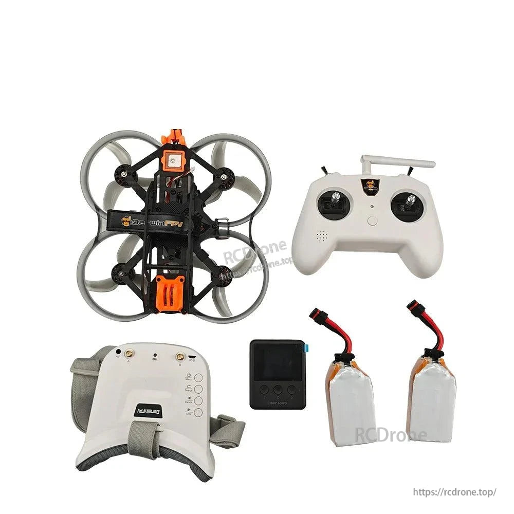 DarwinFPV HULK III whoop-style drone with controller, FPV goggles, charger and two LiPo batteries laid out