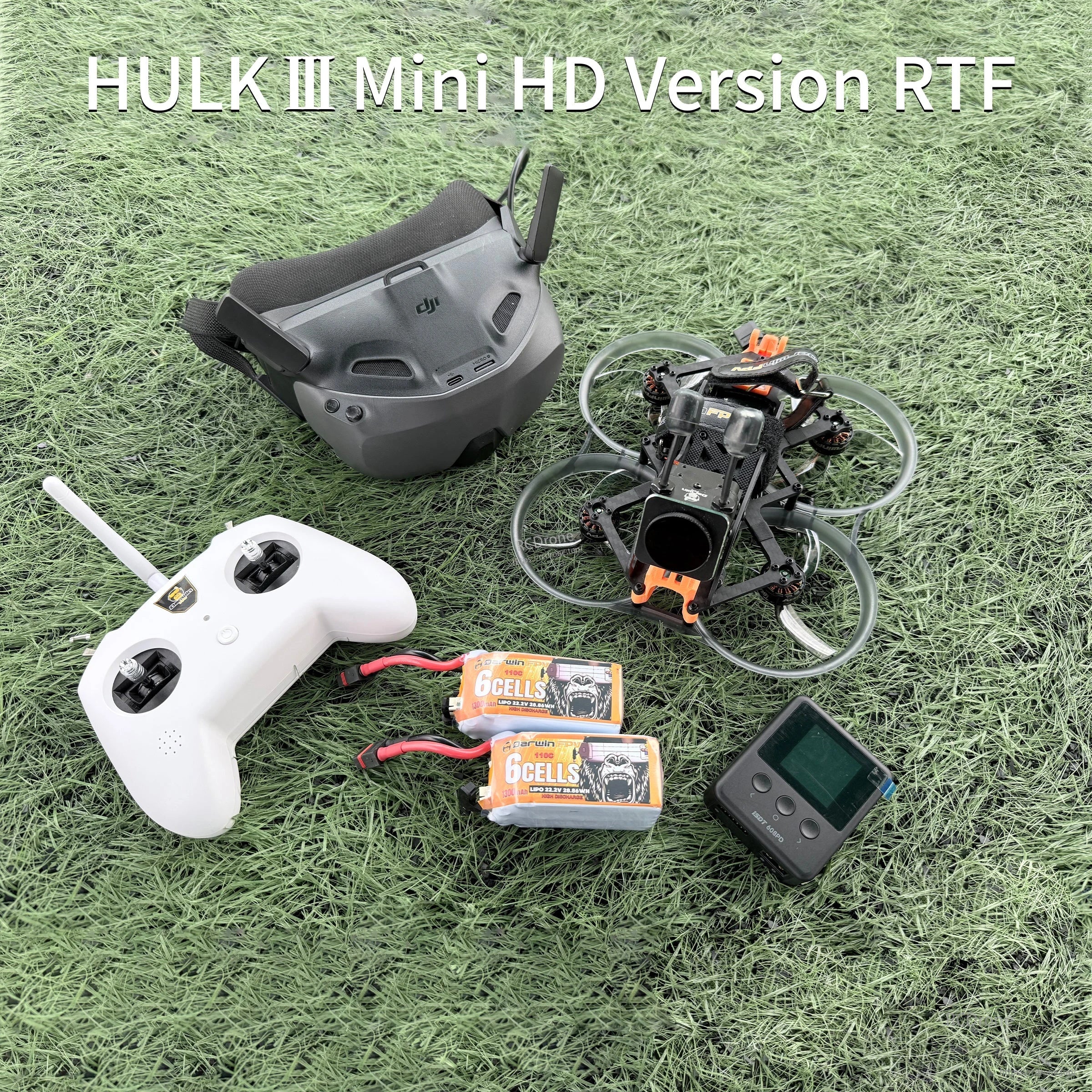 DarwinFPV HULK III Mini HD RTF FPV drone kit with goggles, controller, two 6-cell LiPo batteries, and charger