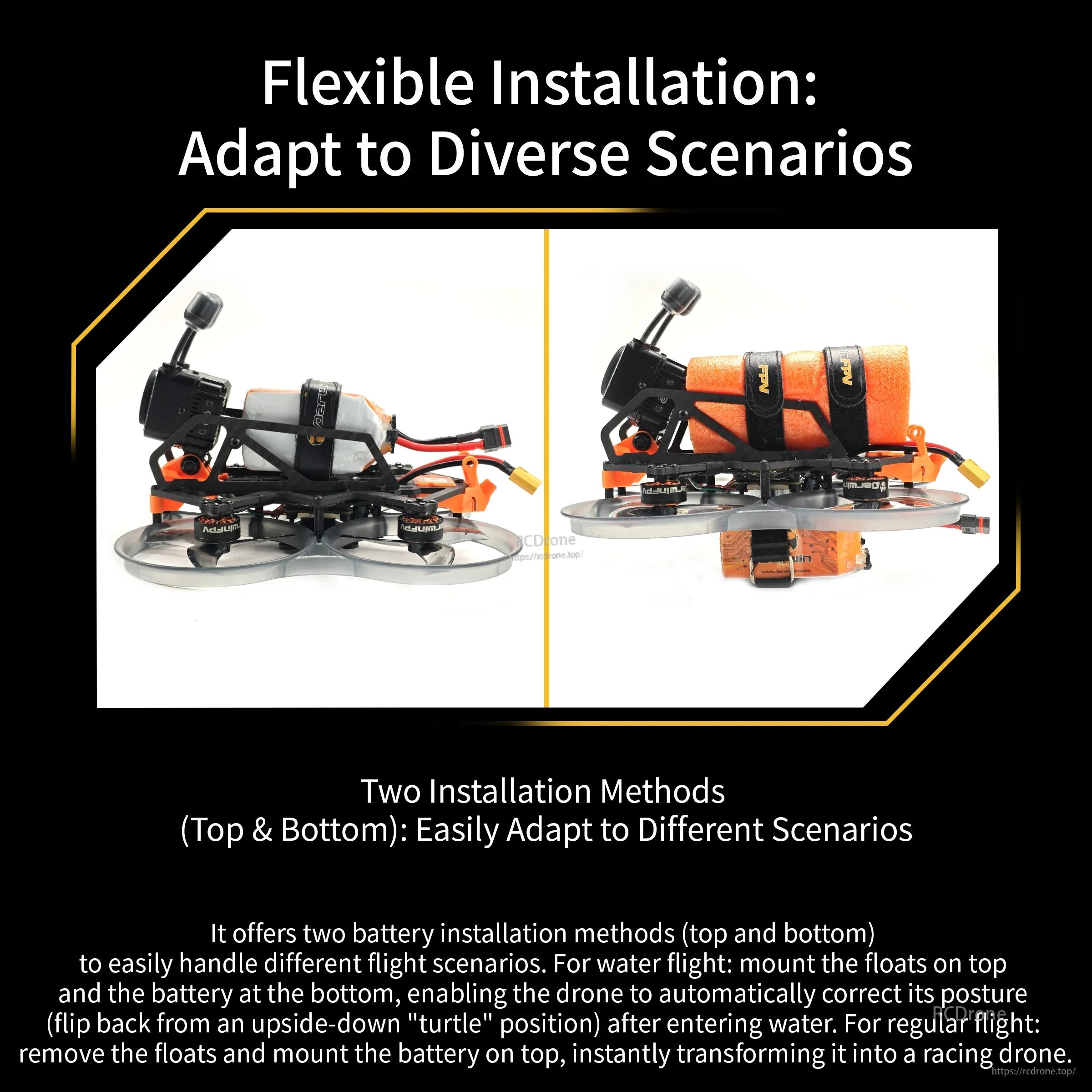 DarwinFPV cinewhoop drone showing top- and bottom-mounted battery installation options with strap mounts