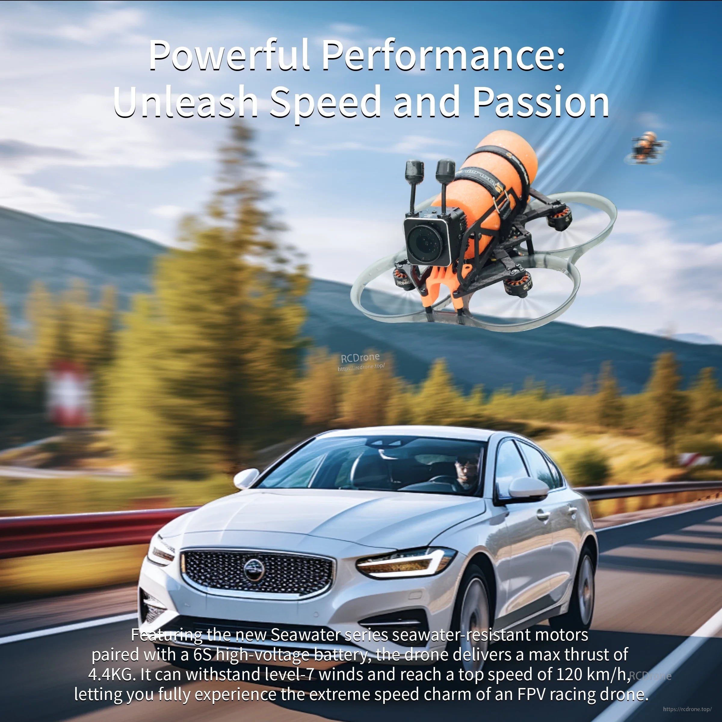DarwinFPV FPV drone with orange waterproof-style housing and front camera, with performance specs text overlay