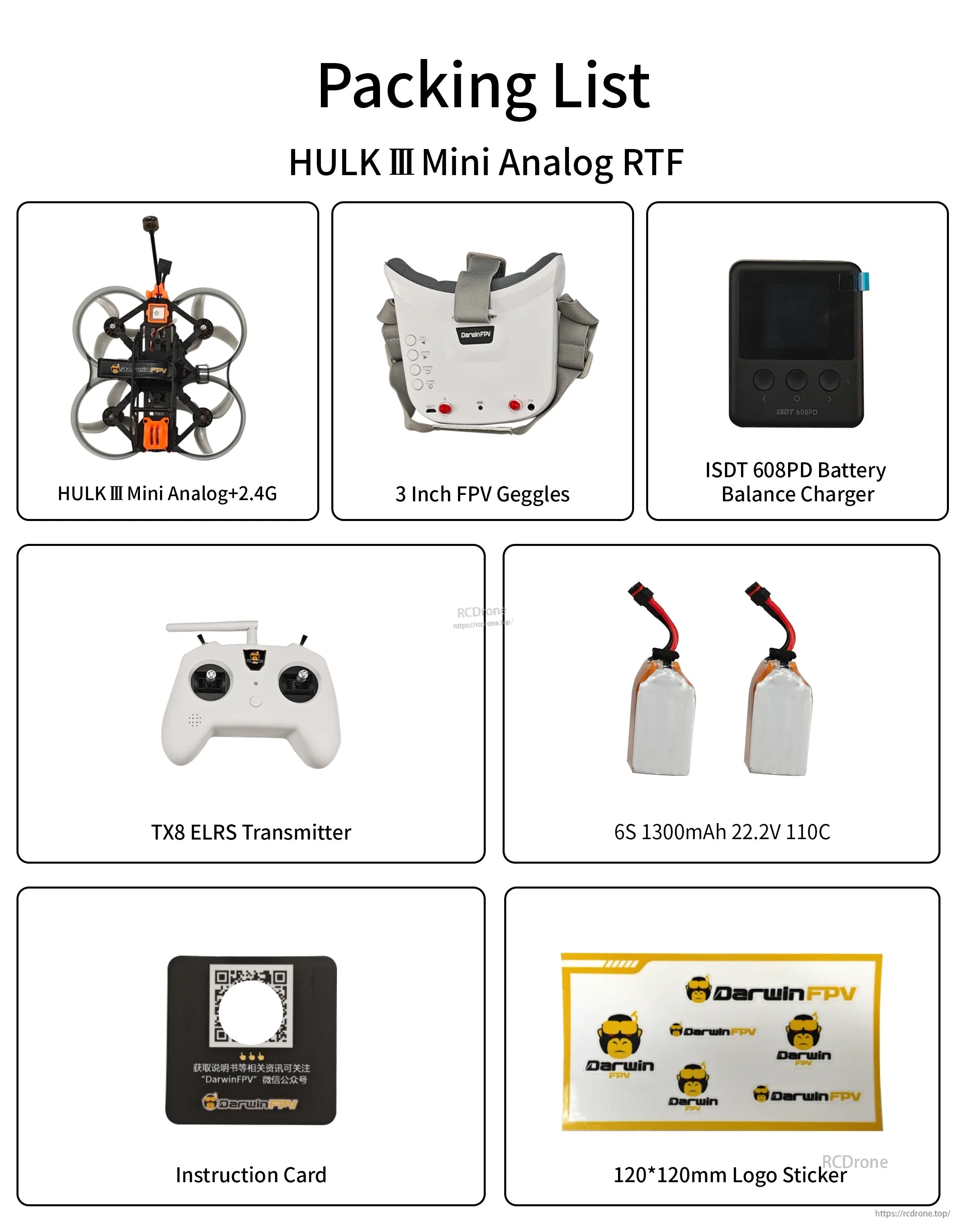 Packing list for DarwinFPV HULK III Mini Analog RTF kit with drone, goggles, TX8 ELRS radio, batteries, charger