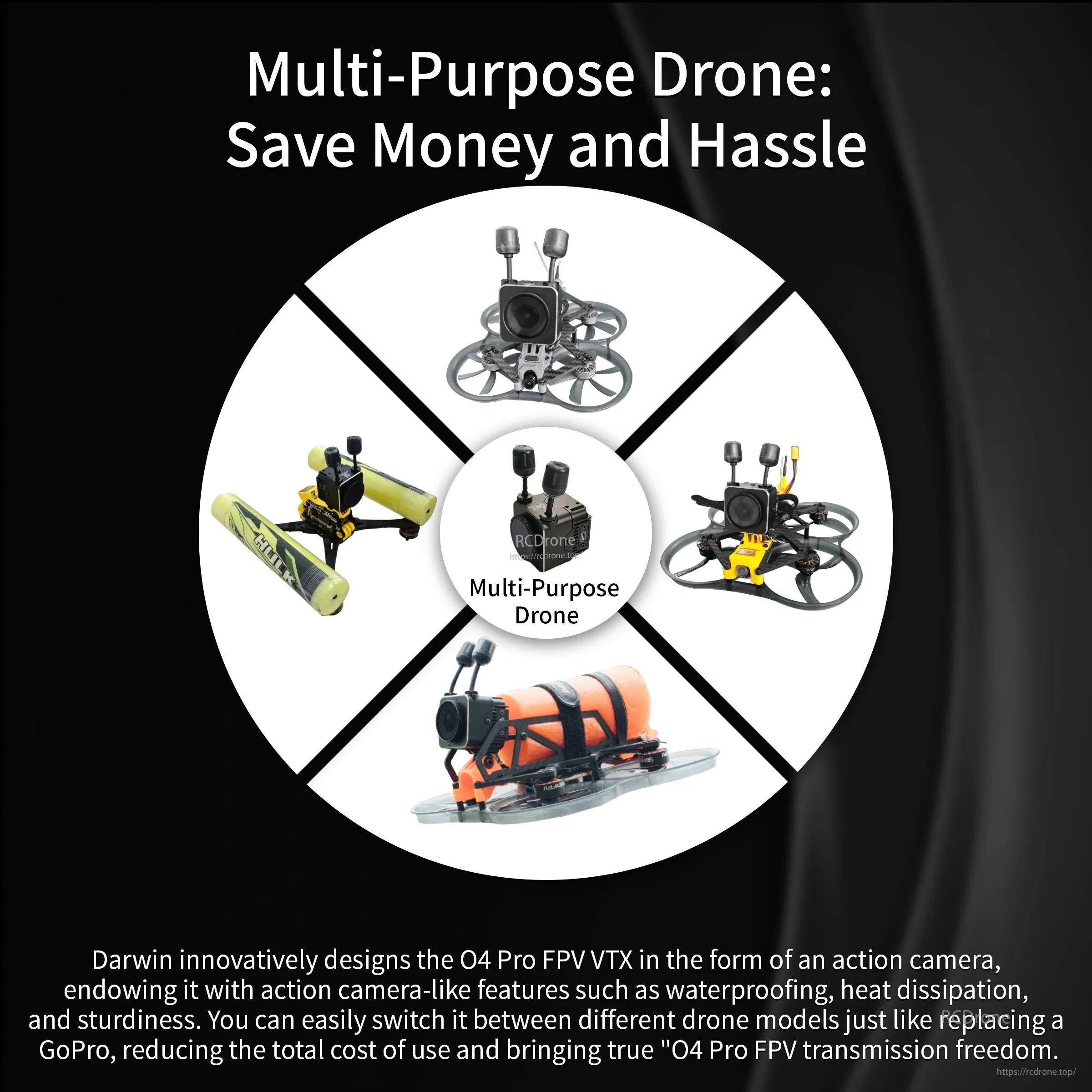 DarwinFPV multi-purpose FPV drone graphic showing several configurations around a central camera-style unit