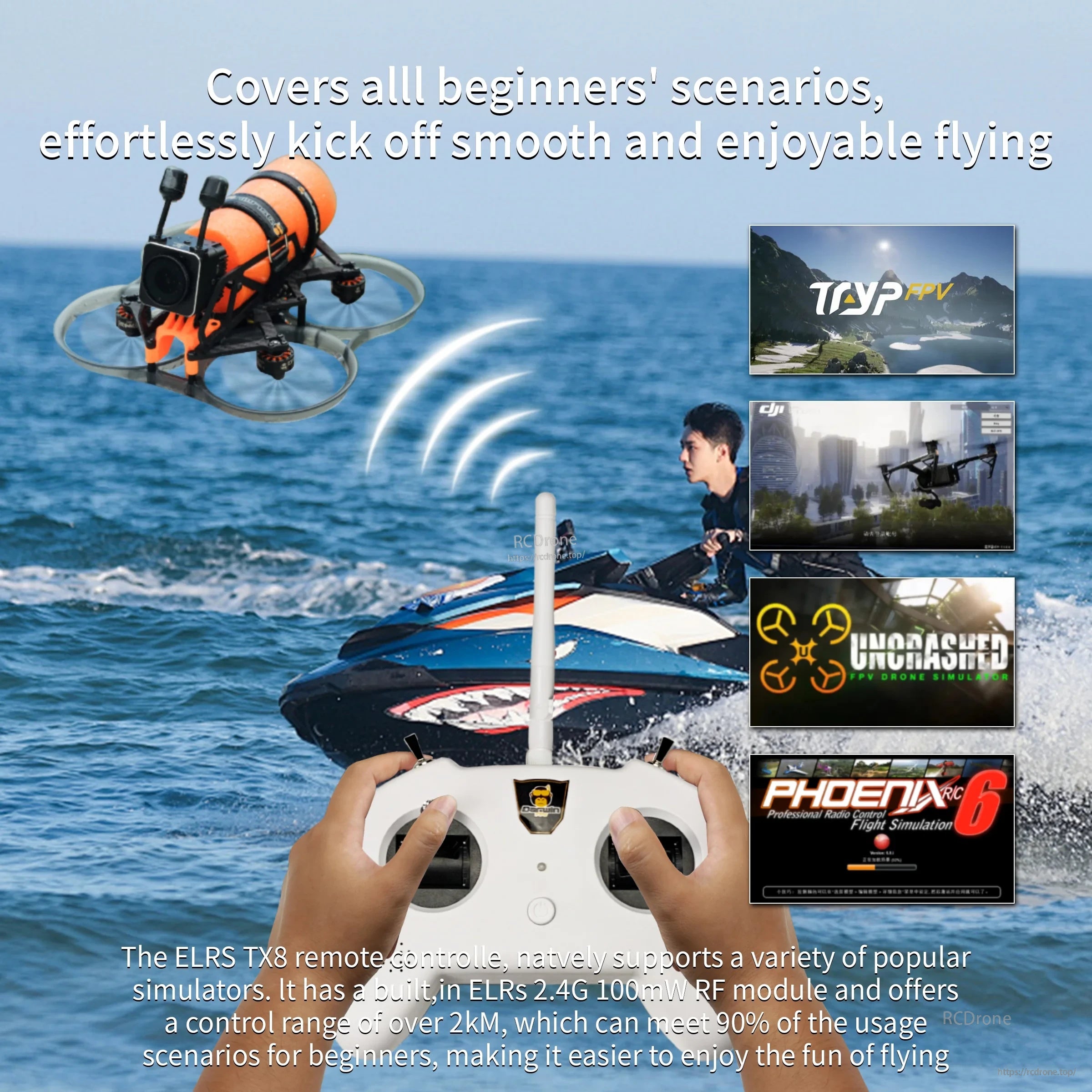 DarwinFPV ELRS TX8 remote controller held in hands, with FPV drone flying over the ocean in the background
