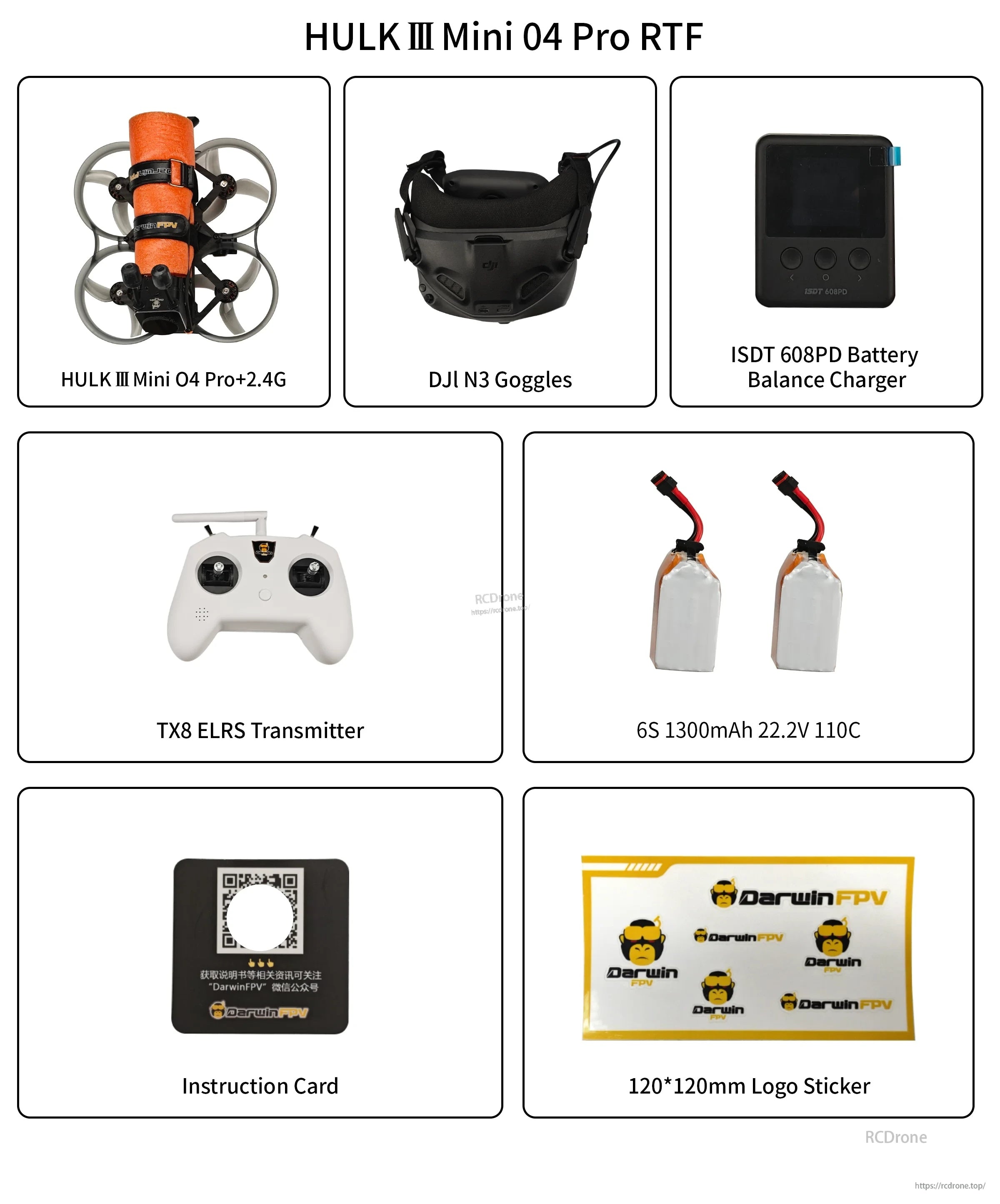 HULK III Mini 04 Pro RTF kit contents: cinewhoop drone, DJI N3 goggles, ELRS transmitter, charger, batteries, card