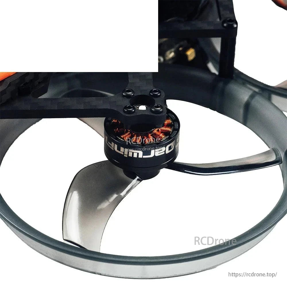Motor and prop duct close-up showing brushless motor, propeller blades, and circular guard