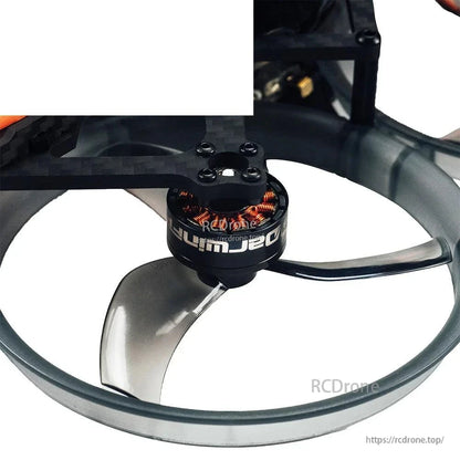 Motor and prop duct close-up showing brushless motor, propeller blades, and circular guard