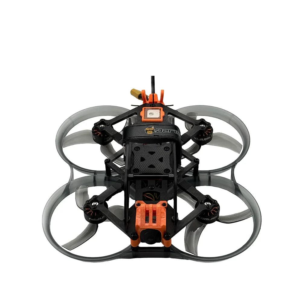 Top-down view of ducted FPV quad showing four prop guards, center frame, and front camera mount
