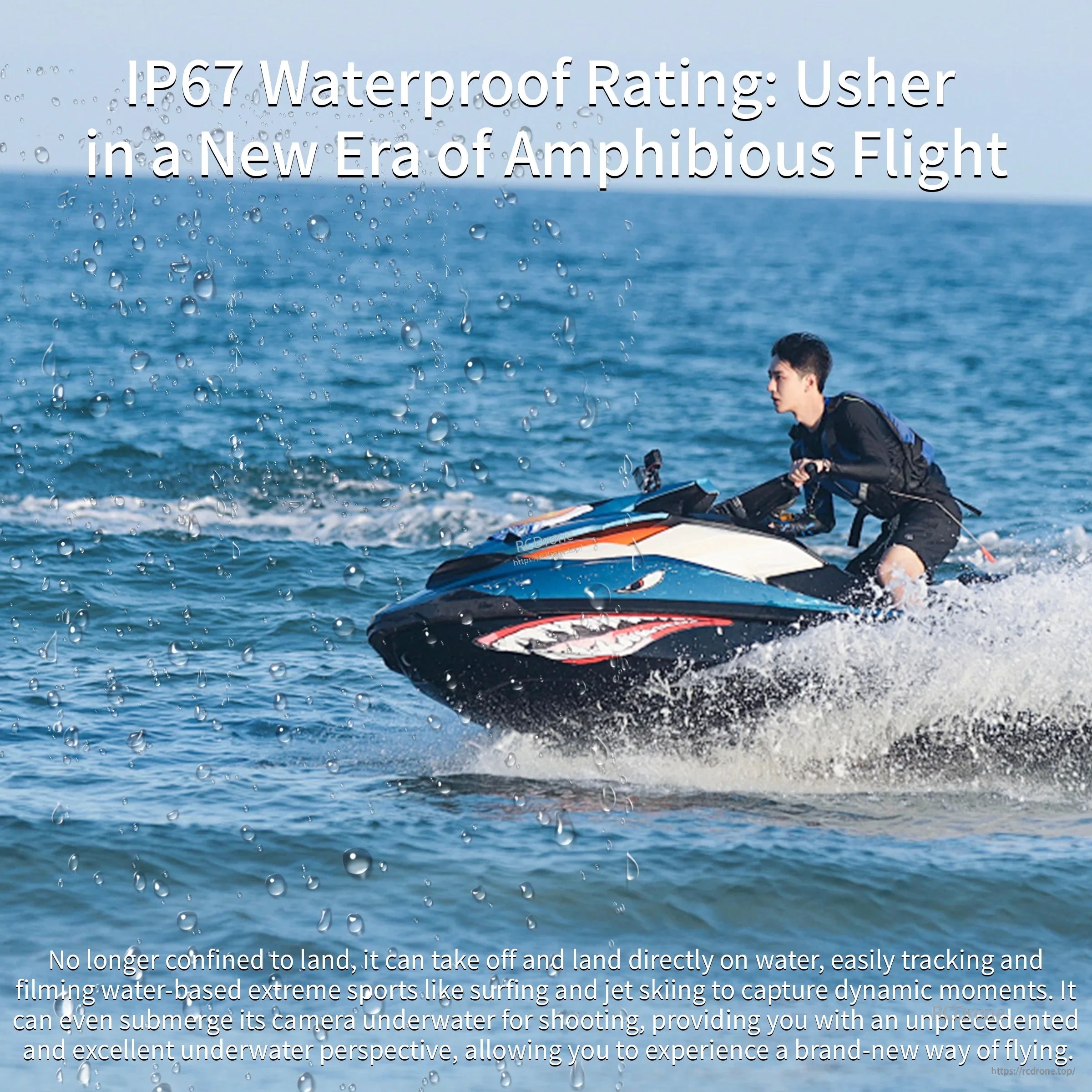 IP67 waterproof amphibious flight concept banner highlighting water operation and outdoor use