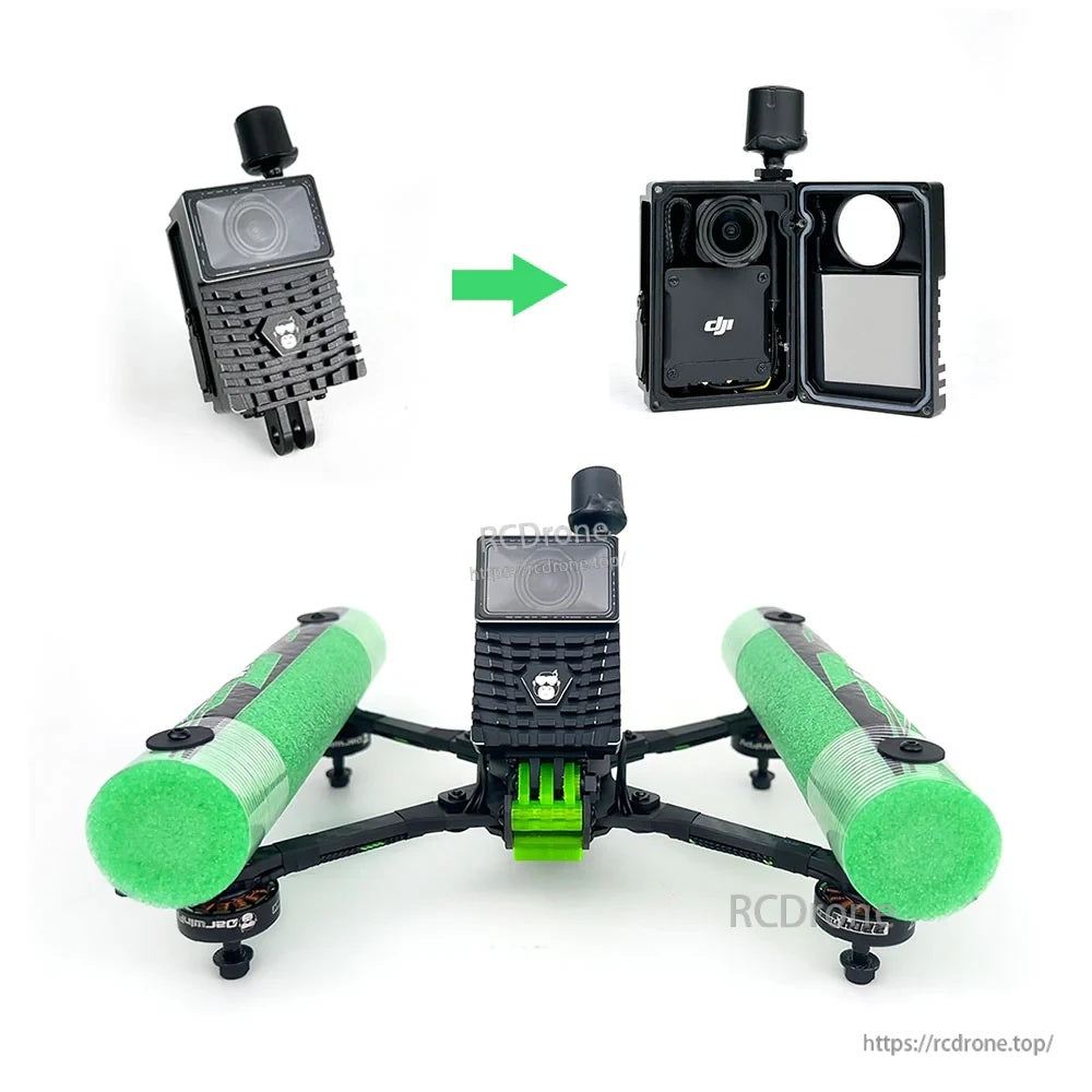 DJI O3 Air Unit waterproof case on HULK FPV drone, with housing opened to show internal layout