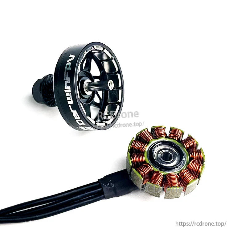 DarwinFPV brushless motor close-up showing stator windings and bell housing for the HULK FPV build