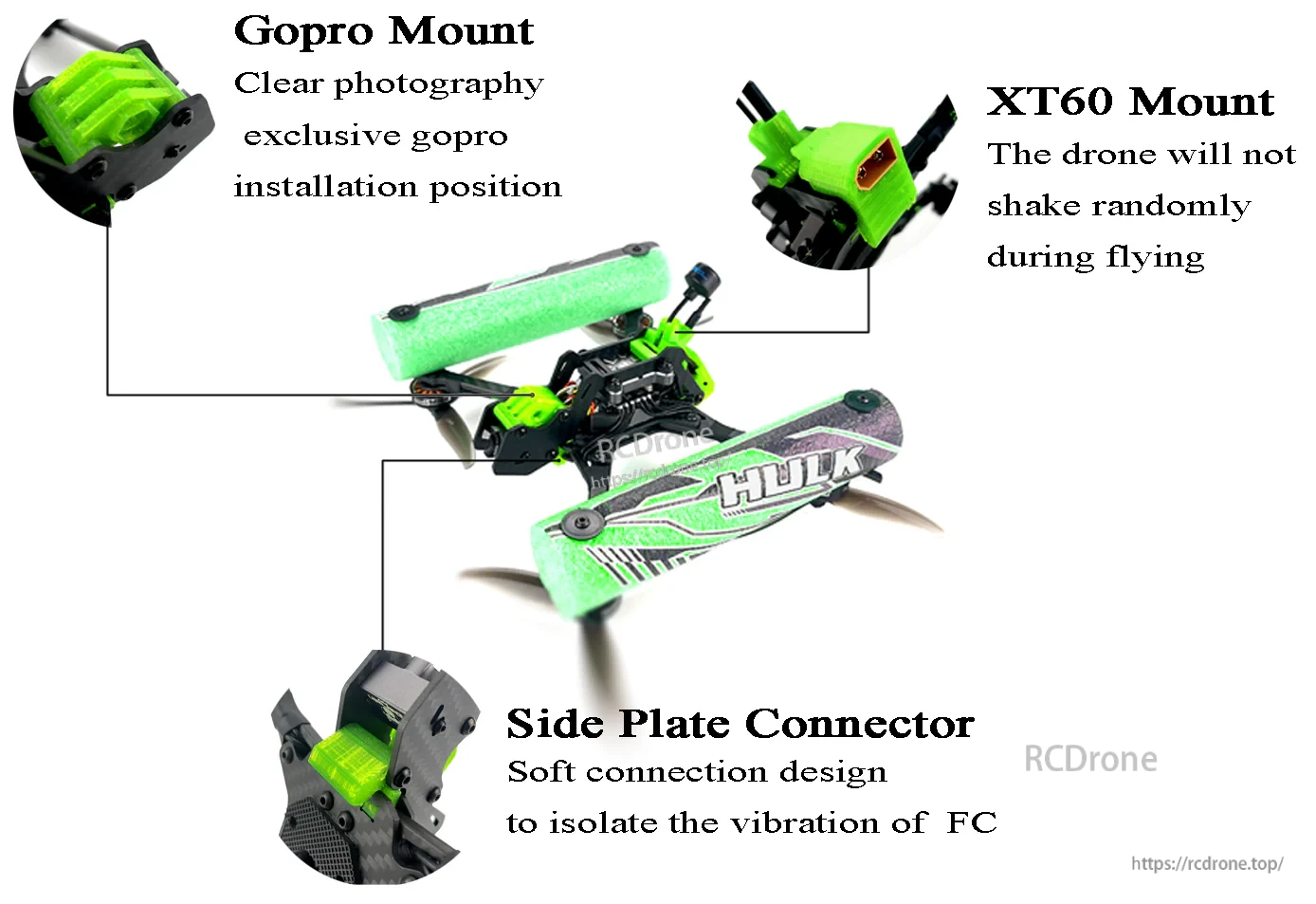 HULK feature highlights: GoPro mount position, XT60 battery lead mount, and soft side-plate connector for vibration isolation