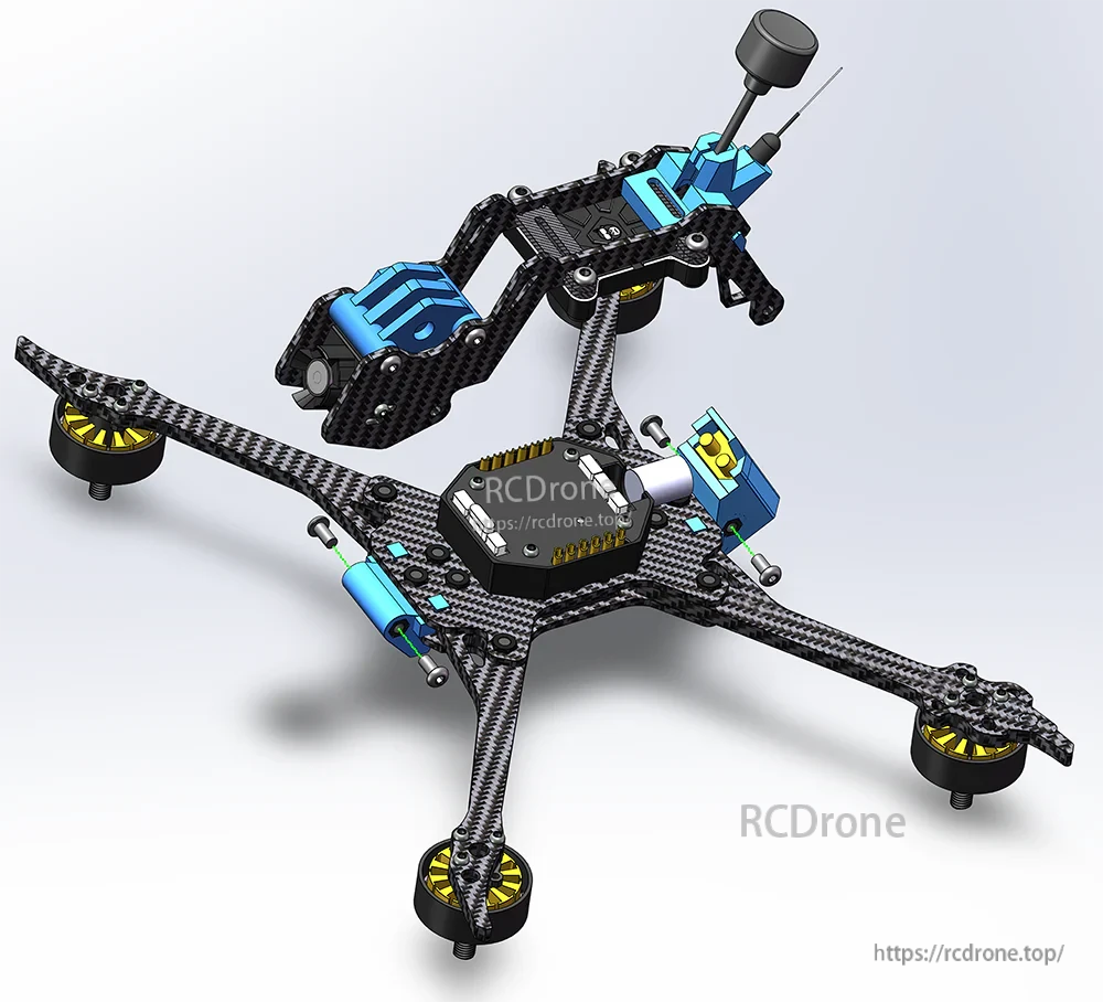 Carbon fiber squashed-X frame render showing multi-structure shock absorption layout and component mounting positions