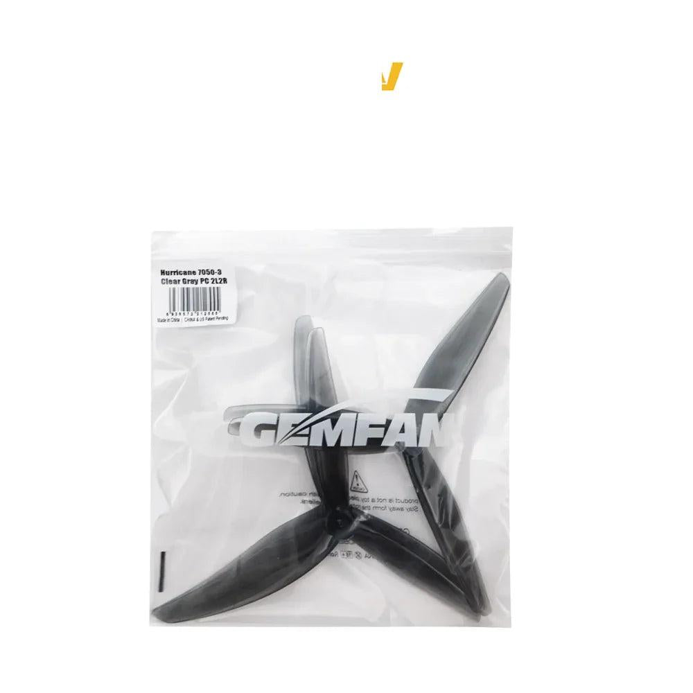 GEMFAN bag packaging with Hurricane 7050-3 clear gray propellers inside and product label