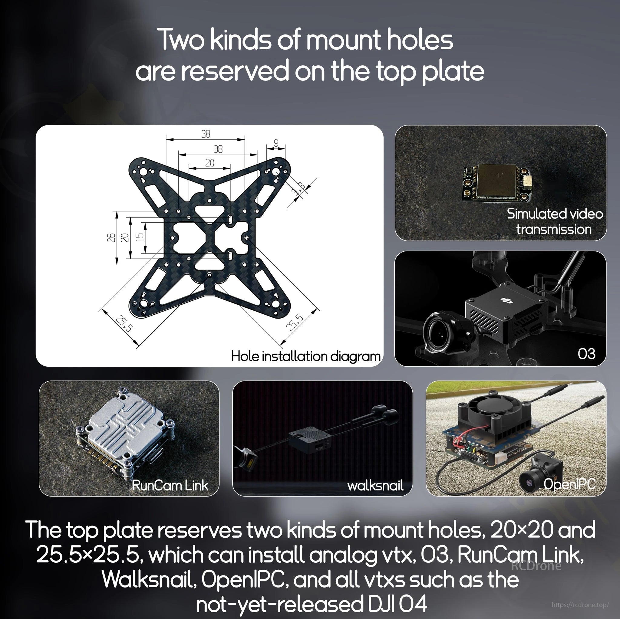 DarwinFPV offers a versatile top plate with multiple mount holes for various components, ensuring alignment and compatibility, and enhancing FPV setup customization and functionality.