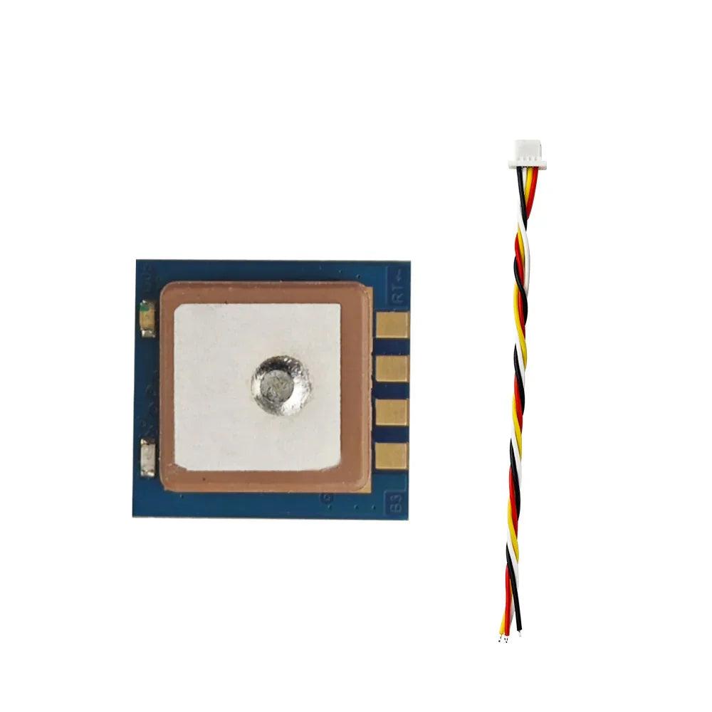 DarwinFPV M1018 / M1012 GPS module top view with ceramic patch antenna and 4-pin cable