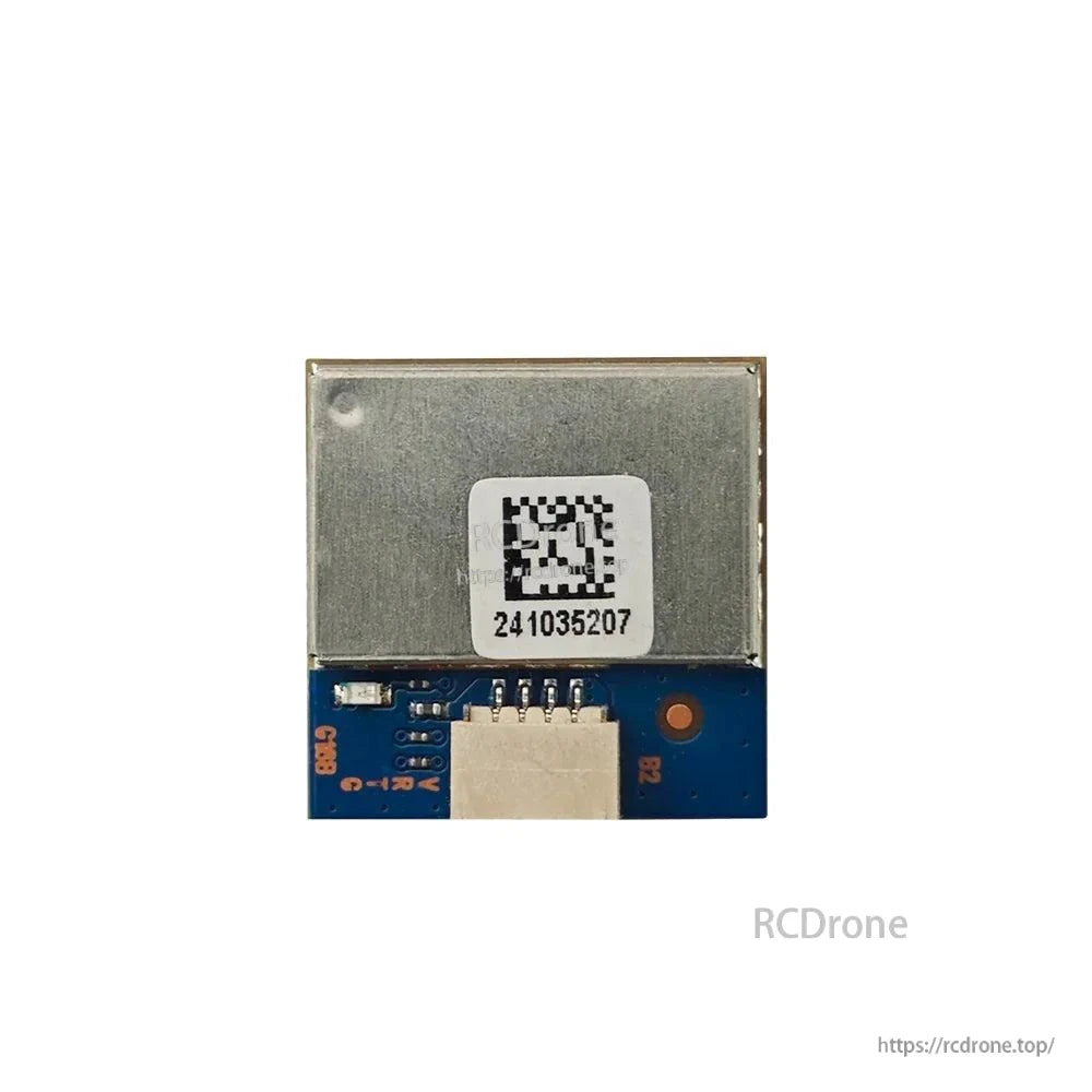 Back view of GPS module PCB showing metal shielding and QR-code label above connector