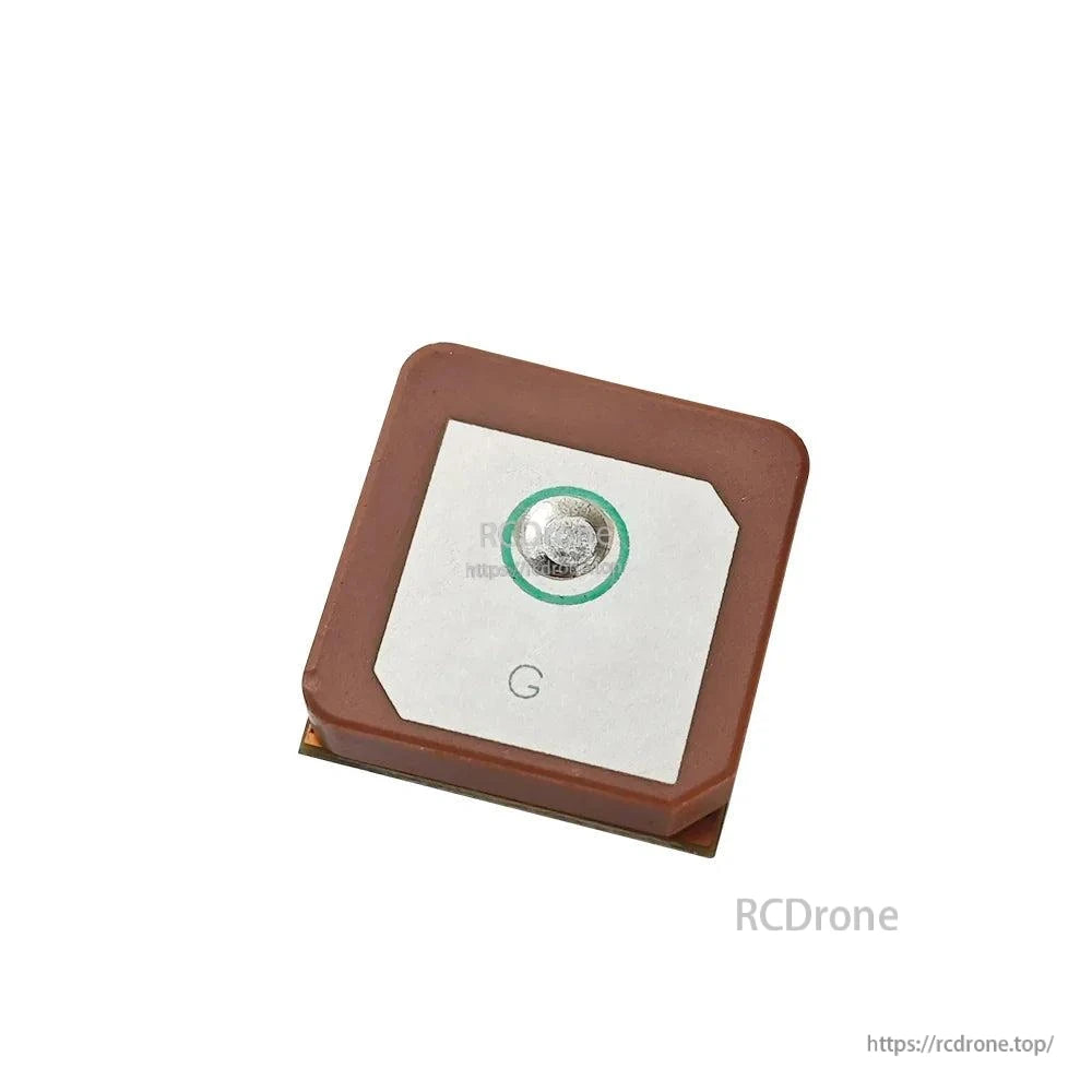 Angled view of GPS ceramic patch antenna with brown frame and center marker