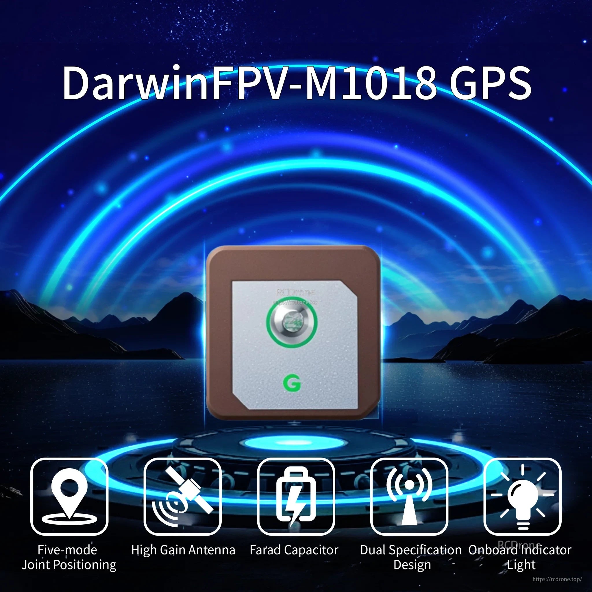 DarwinFPV M1018 GPS module with ceramic patch antenna and onboard status LEDs for FPV drone navigation