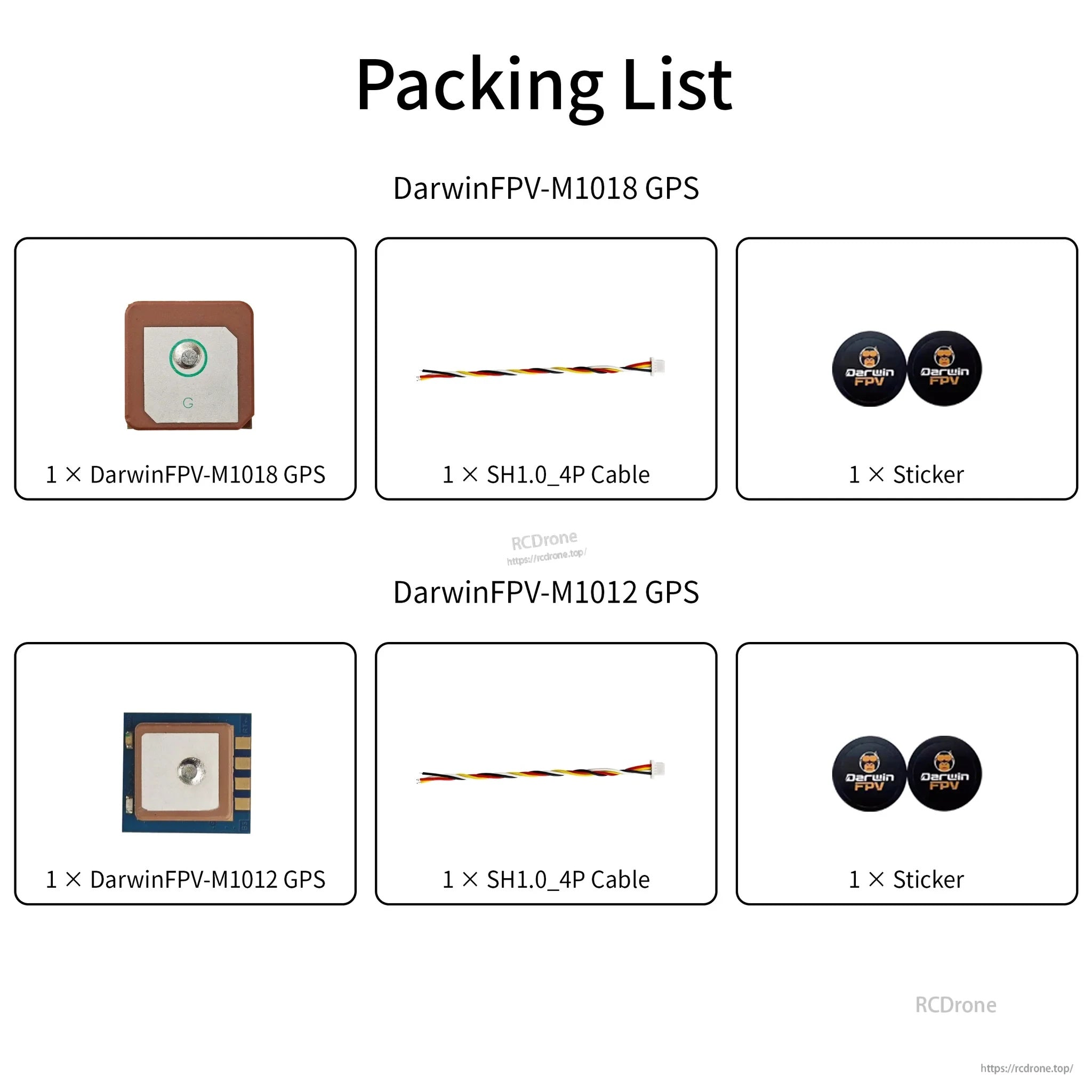 Packing list for DarwinFPV M1018/M1012 GPS including module, SH1.0 4-pin cable, and sticker