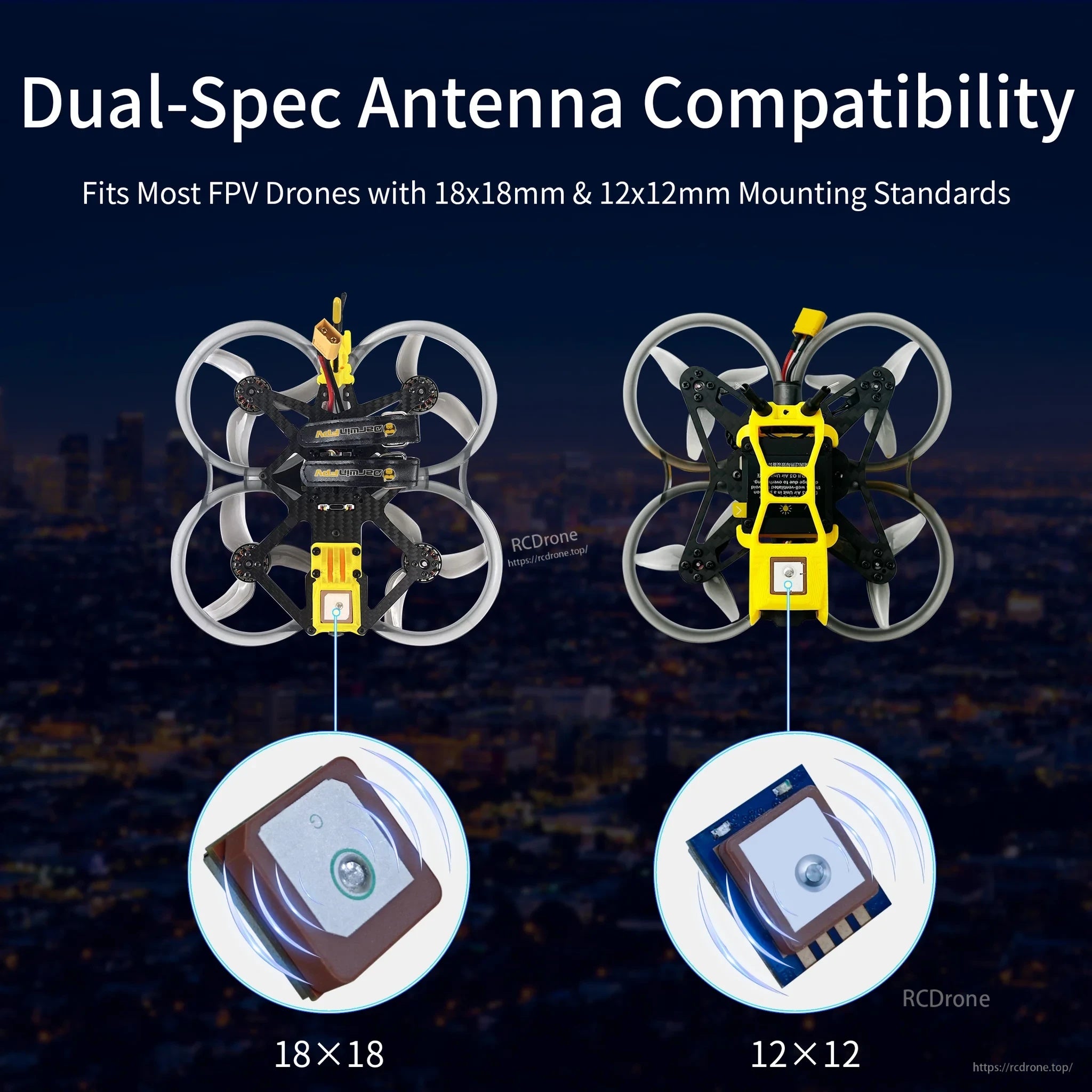 Dual antenna size compatibility graphic showing 18×18mm and 12×12mm mounting options on FPV drones