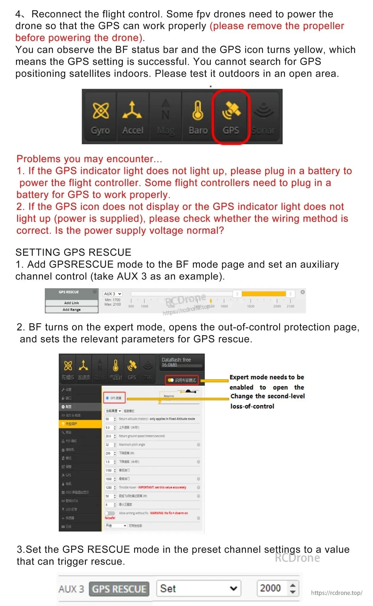 Betaflight GPS Rescue setup and troubleshooting notes highlighting GPS sensor status and rescue mode settings