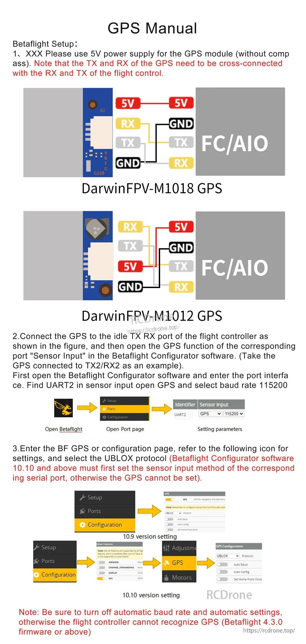Betaflight GPS wiring and port setup notes showing UART connection and GPS configuration steps