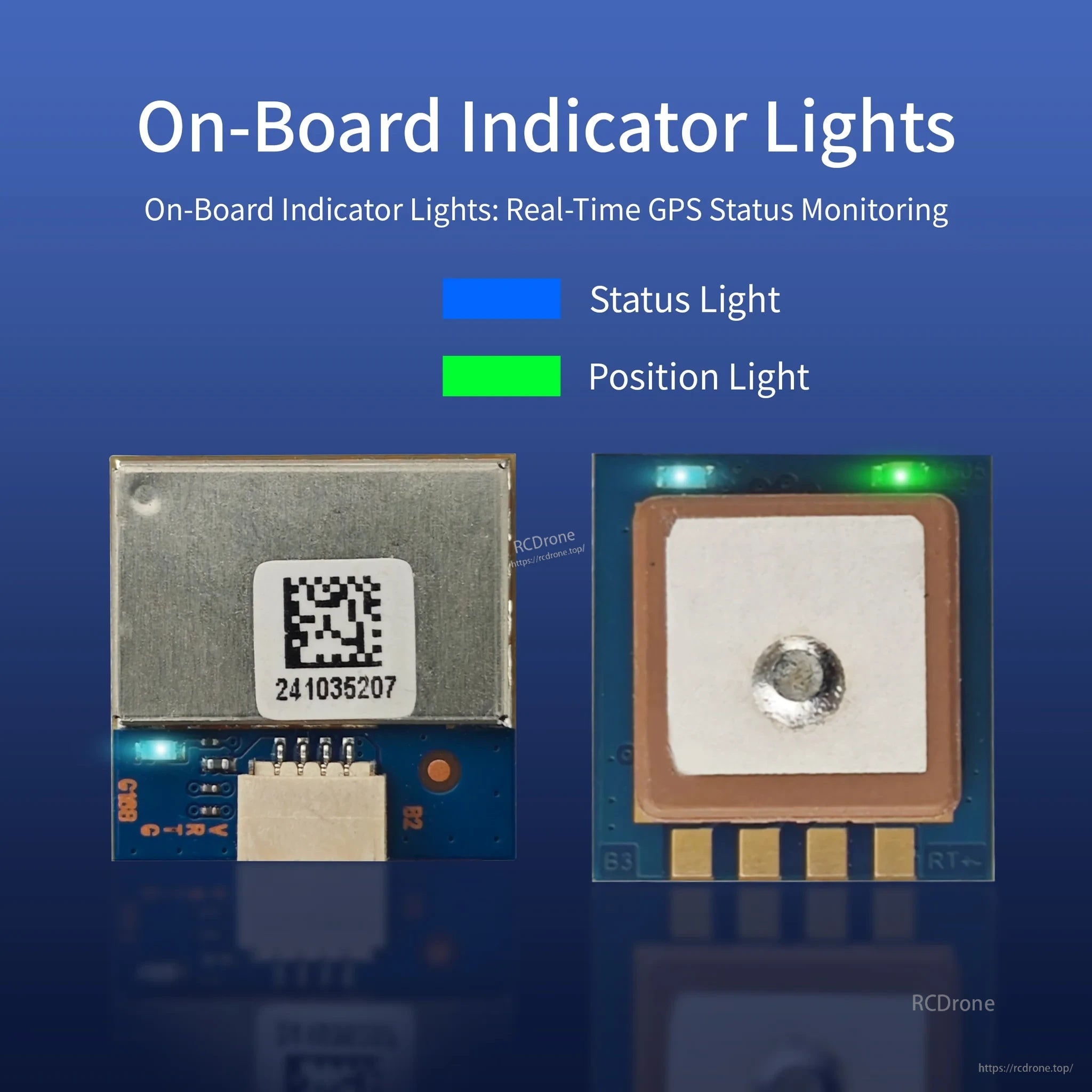 On-board indicator lights reference showing blue status light and green position light on the GPS module