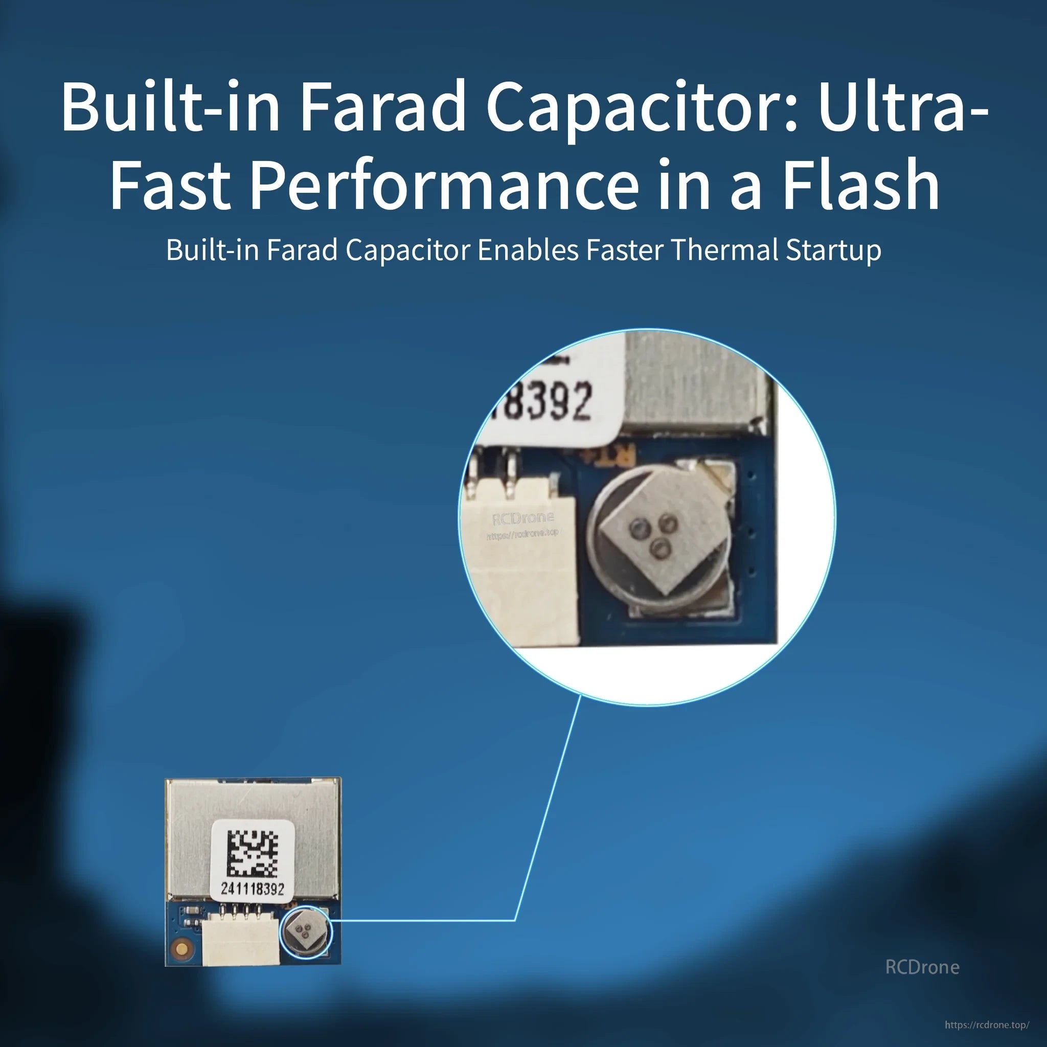 Close-up callout of built-in farad capacitor on the GPS board for faster thermal startup performance