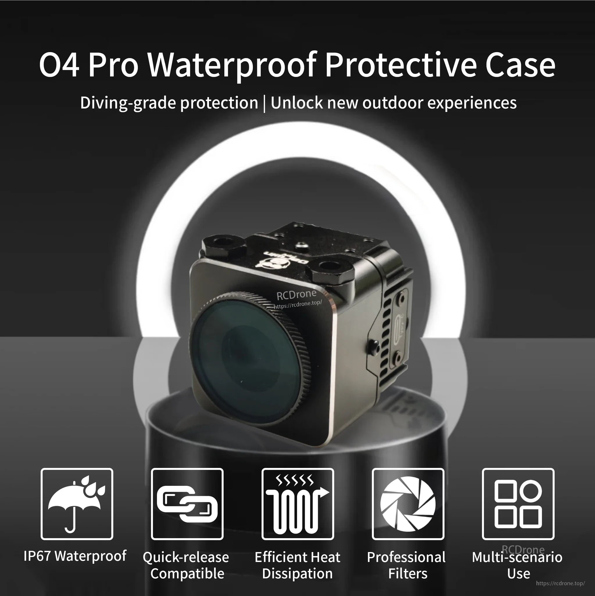 DarwinFPV O4 Pro waterproof protective case in CNC aluminum with GoPro-style mount compatibility