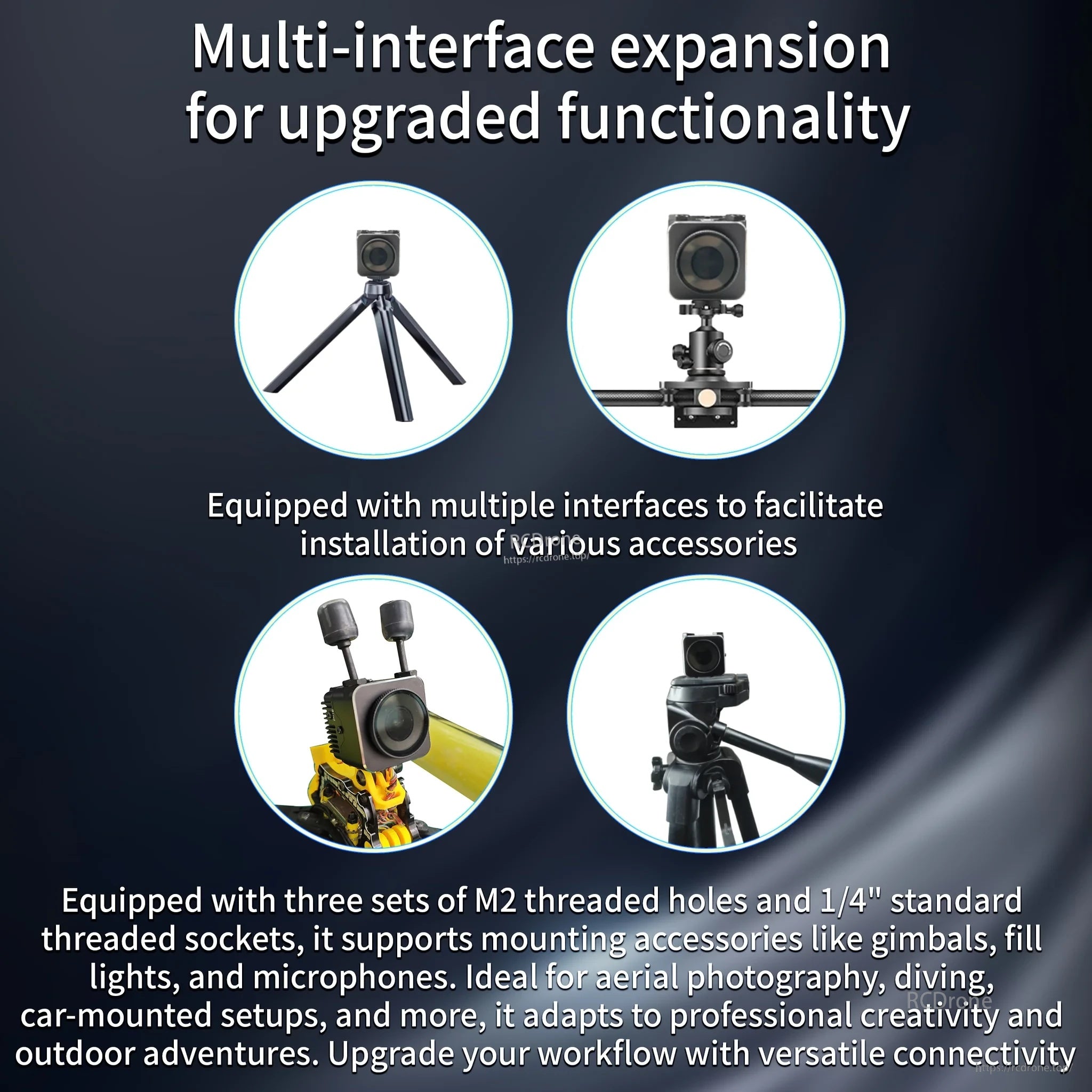 Multiple accessory mounting interfaces with M2 threaded holes and 1/4-inch sockets for expanded setups