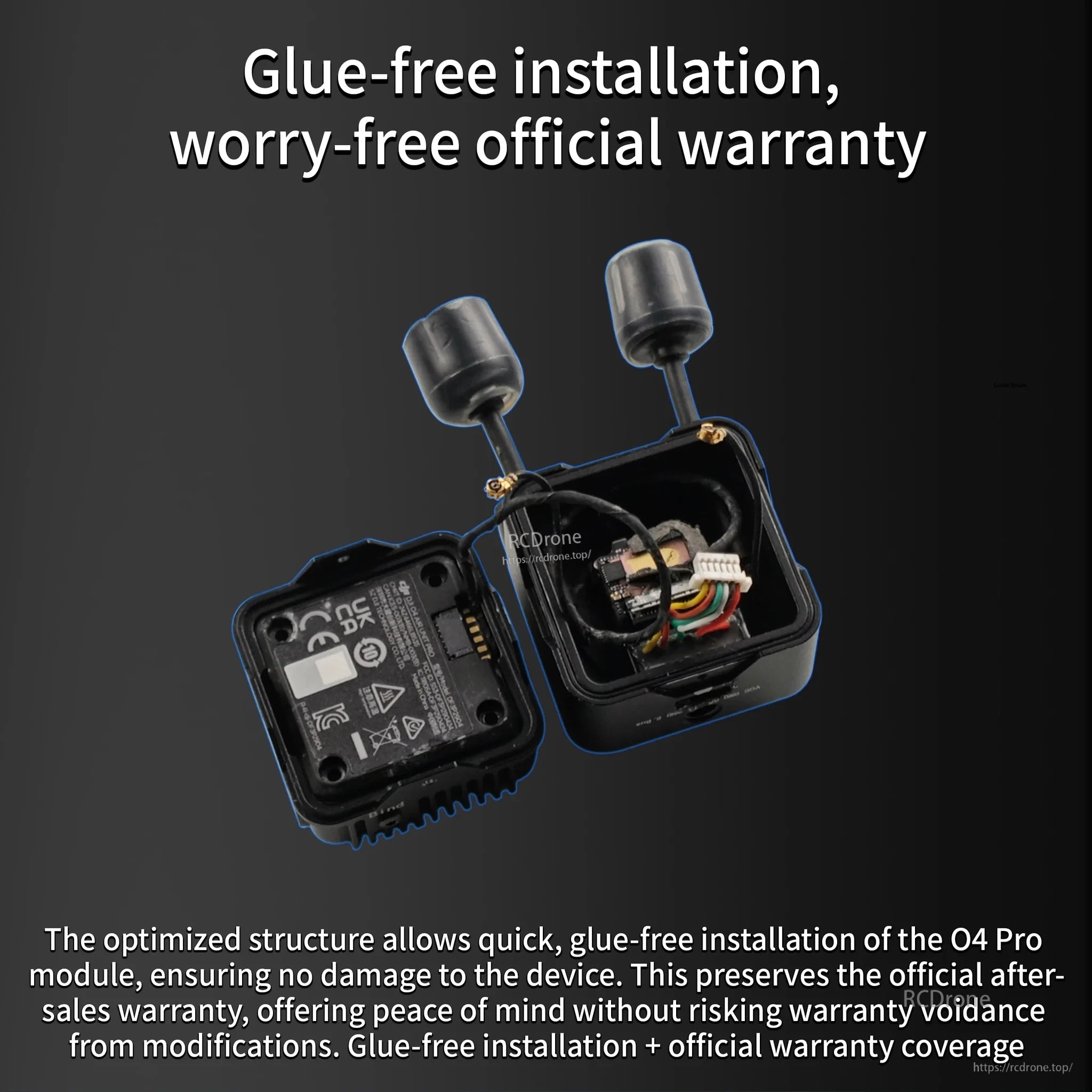 Glue-free installation layout showing internal fitment for O4 Pro module to help avoid device damage