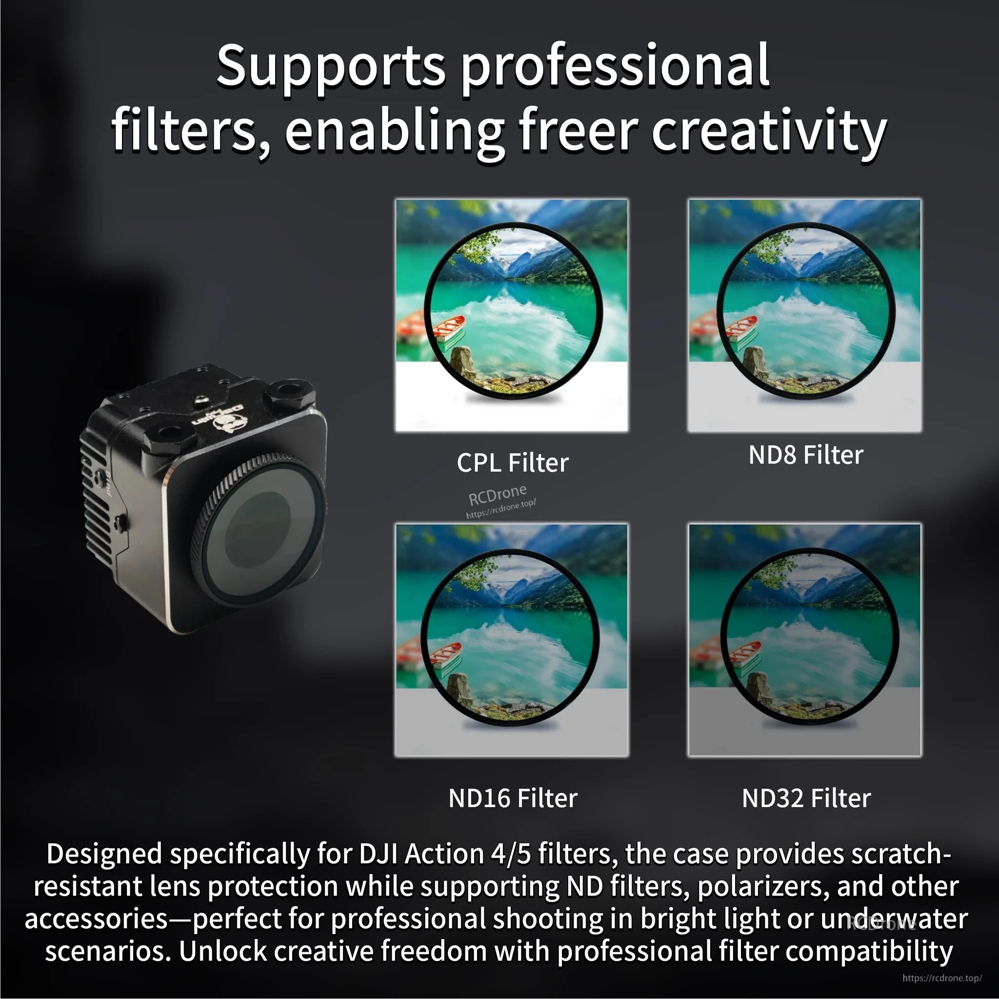 DJI Action 4/5 filter support for the case, including CPL and ND8/ND16/ND32 filter examples