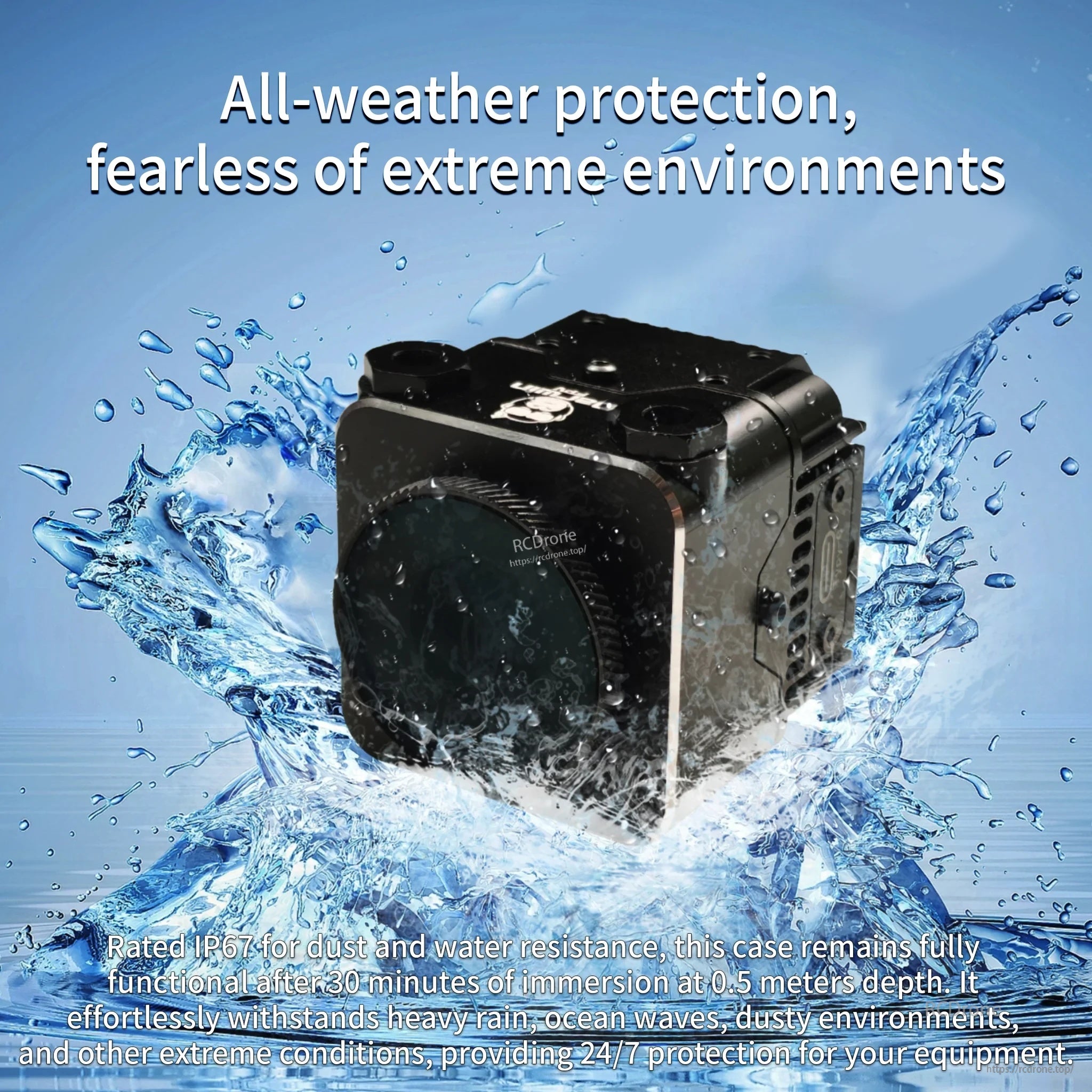 O4 Pro waterproof protective case with water splash graphic highlighting IP67 dust and water resistance