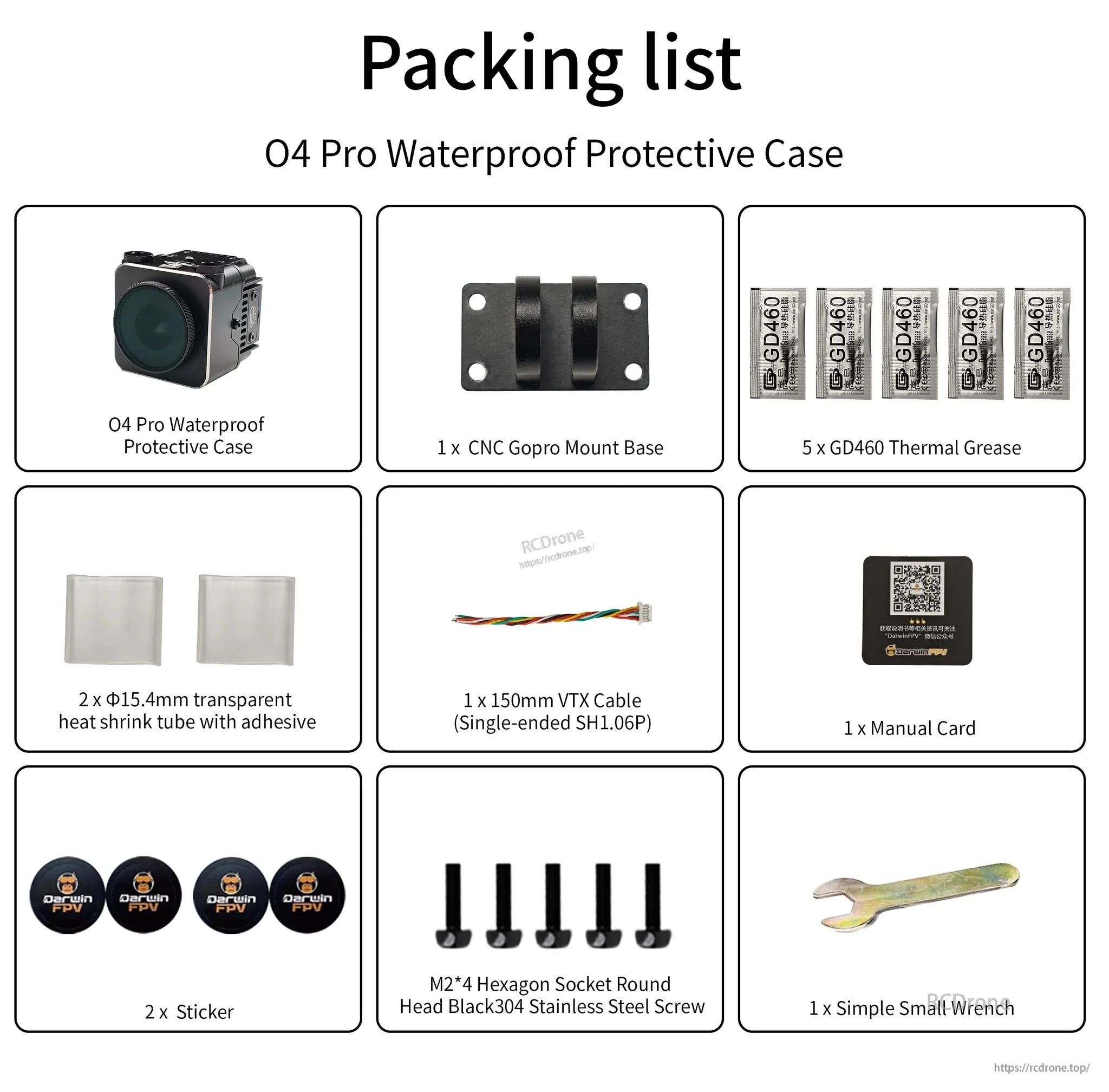 Packing list for O4 Pro waterproof protective case kit with GoPro base, thermal grease, cable, screws, and tools