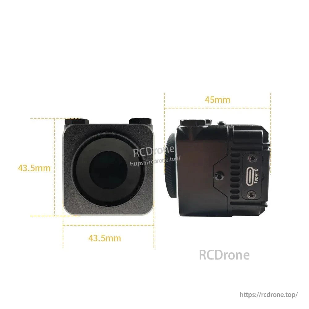 Dimensions diagram: 43.5 mm square front, 45 mm depth with side port cutout