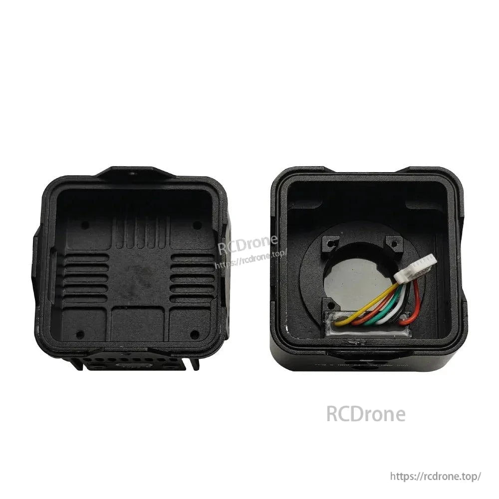 Protective case opened, showing interior cavity and wired connector inside