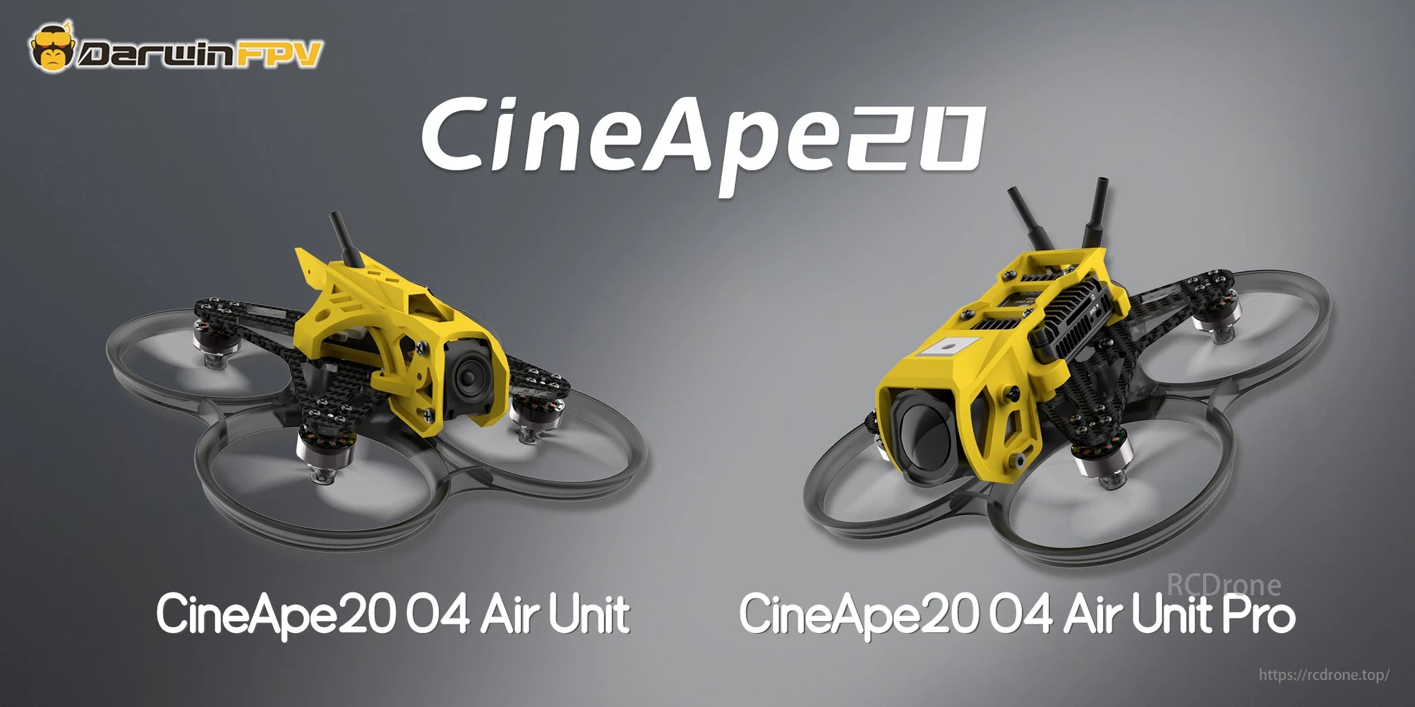 DarwinFPV CineApe20 series includes 04 Air Unit and Pro, offering advanced yellow-framed FPV drones for improved performance.
