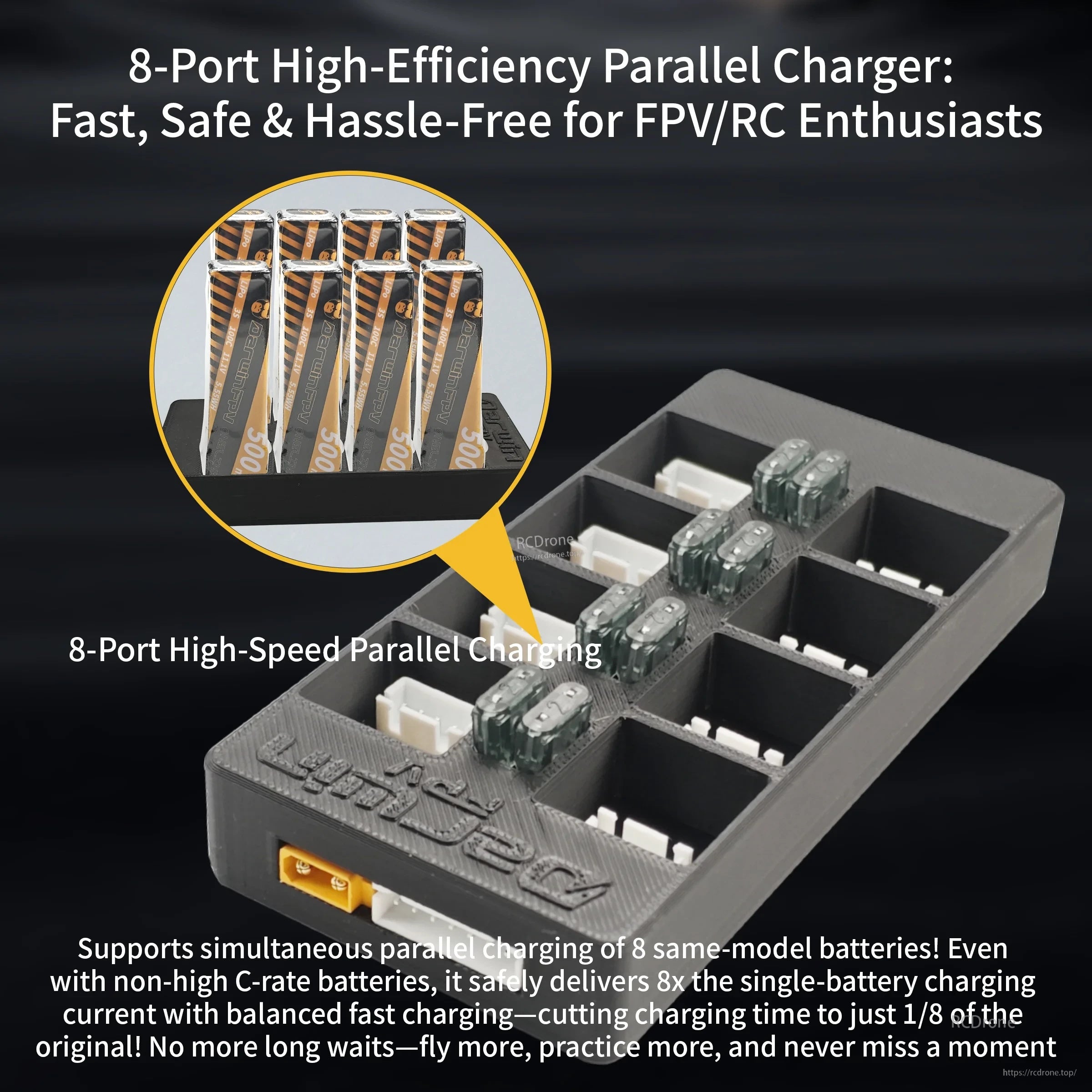 DarwinFPV OneLink Battery Parallel Charger with 8 ports for fast parallel charging of matching LiPo packs
