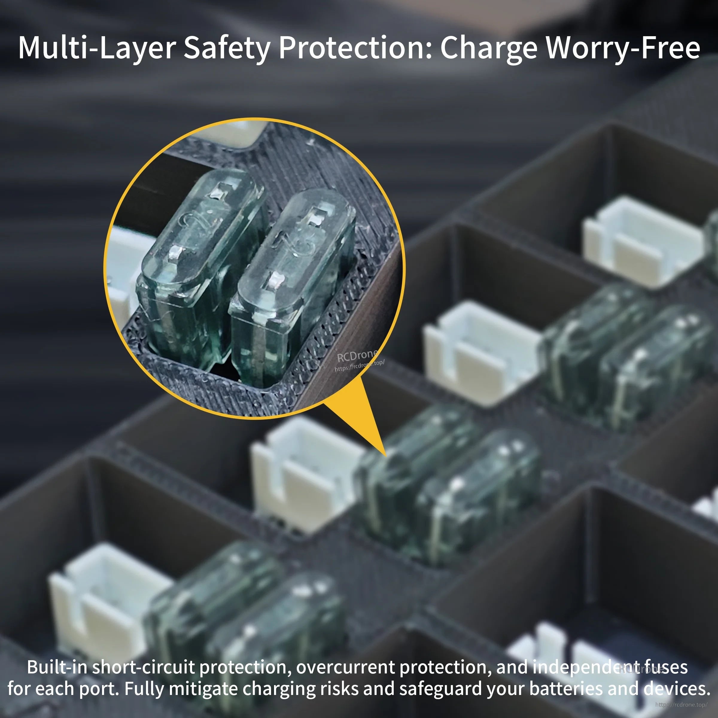 Close-up of independent fuse protection and balance ports for layered safety during parallel charging